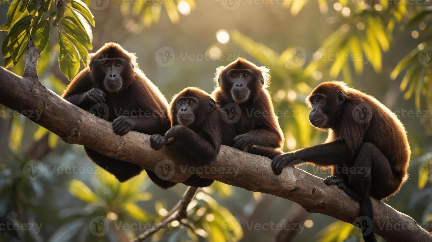 Four monkeys sitting on a branch in a lush, sunlit environment. photo