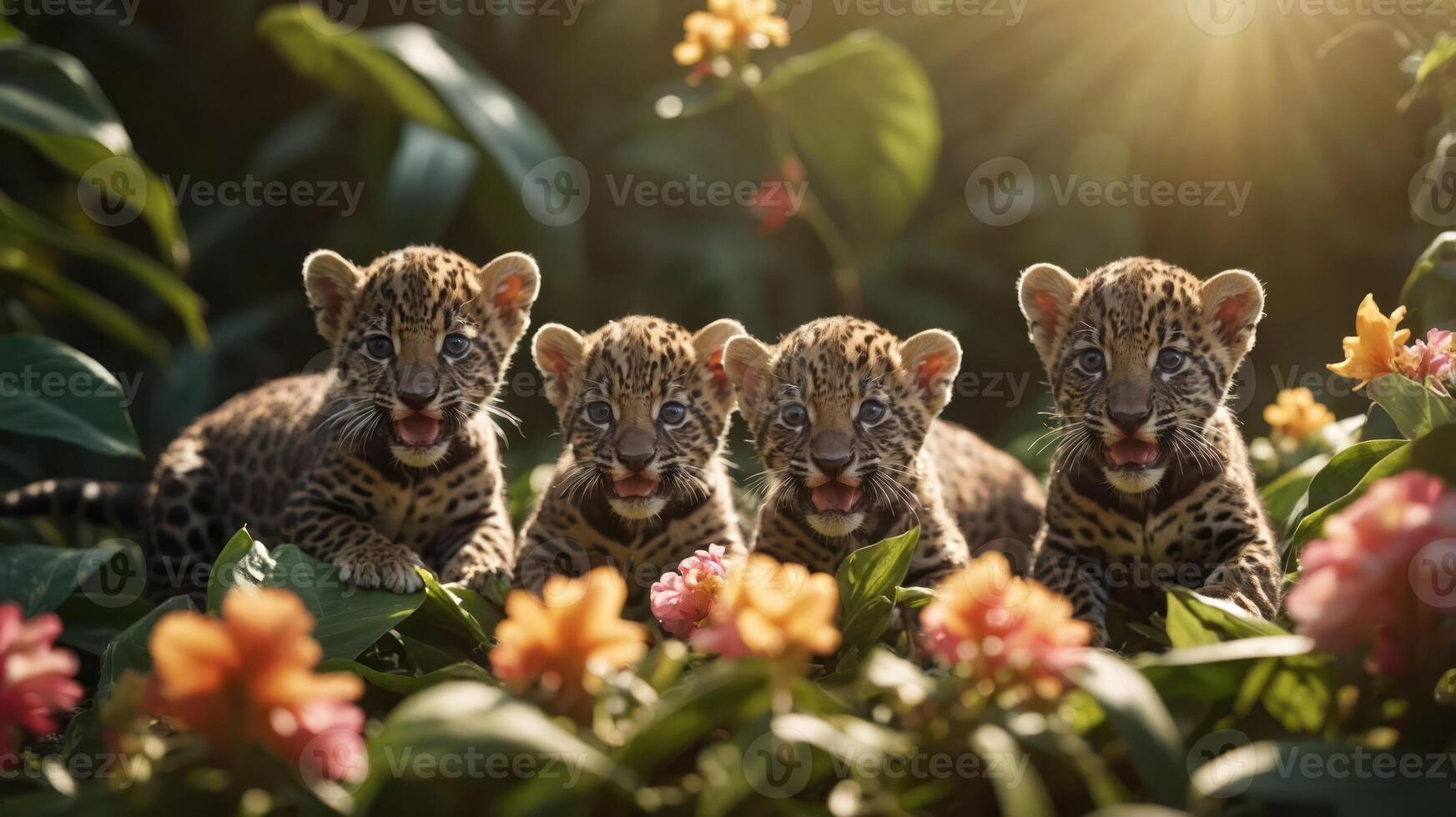 Four playful jaguar cubs among colorful flowers in a lush, sunlit environment. photo