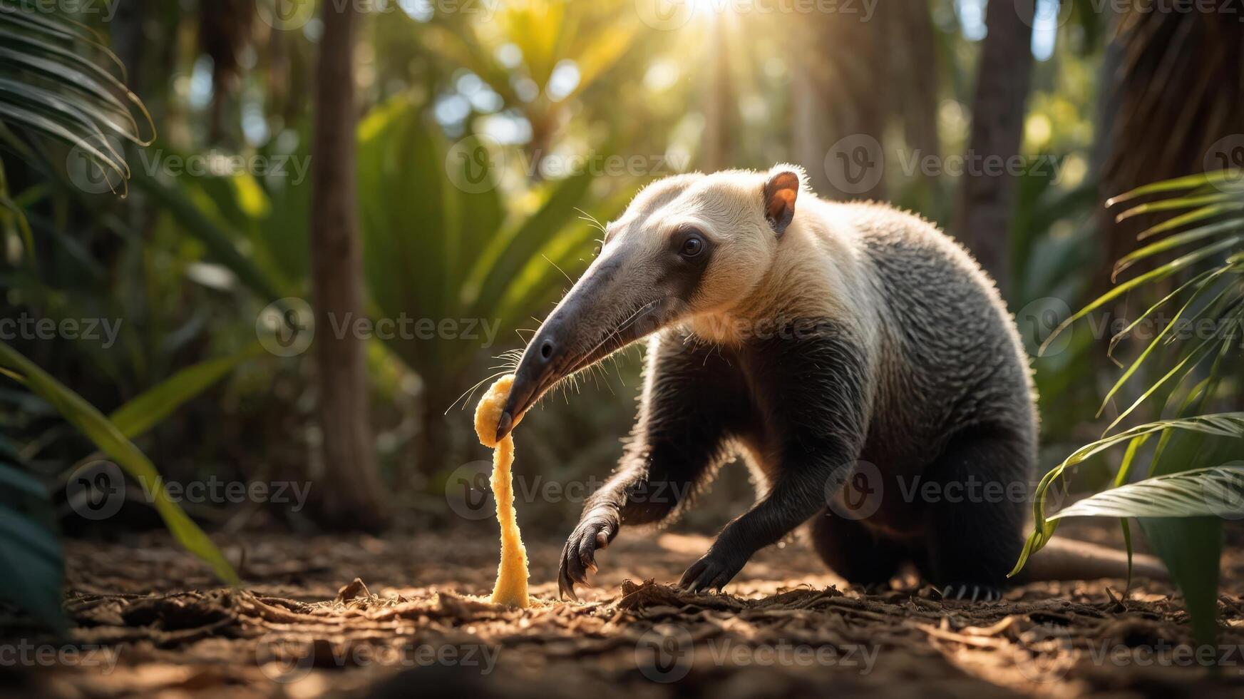 A tamandua forages in a sunlit forest, showcasing its unique features and habitat. photo
