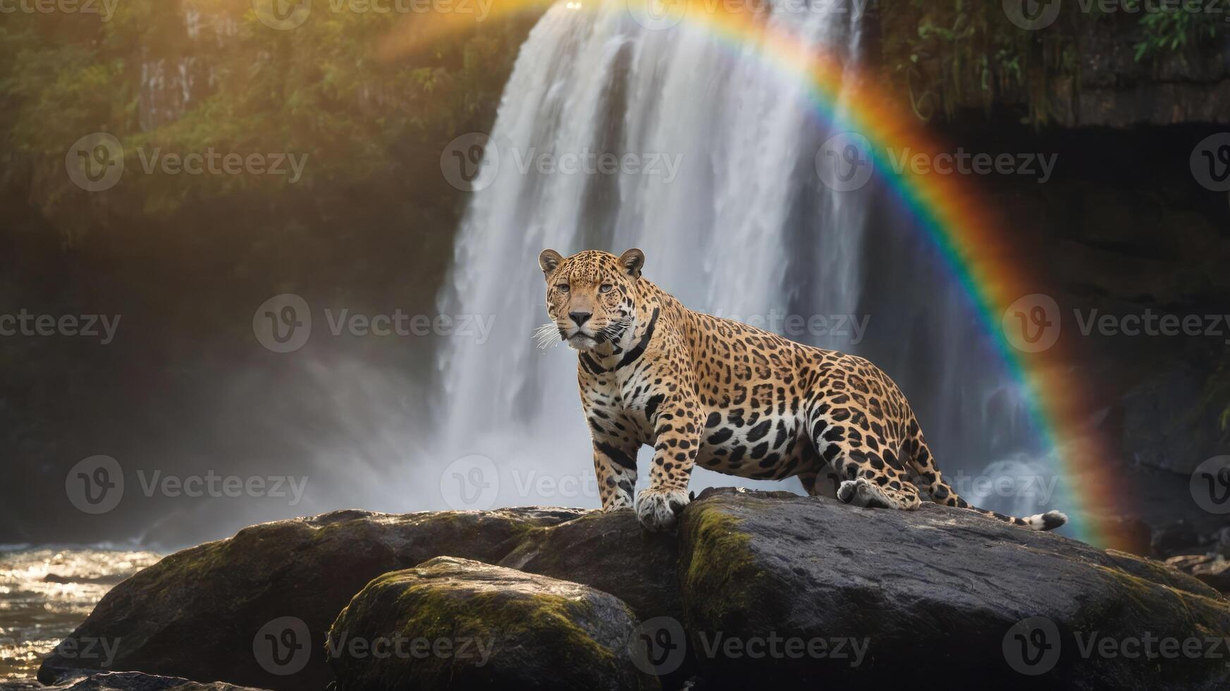 A majestic jaguar stands on rocks near a waterfall, framed by a vibrant rainbow. photo