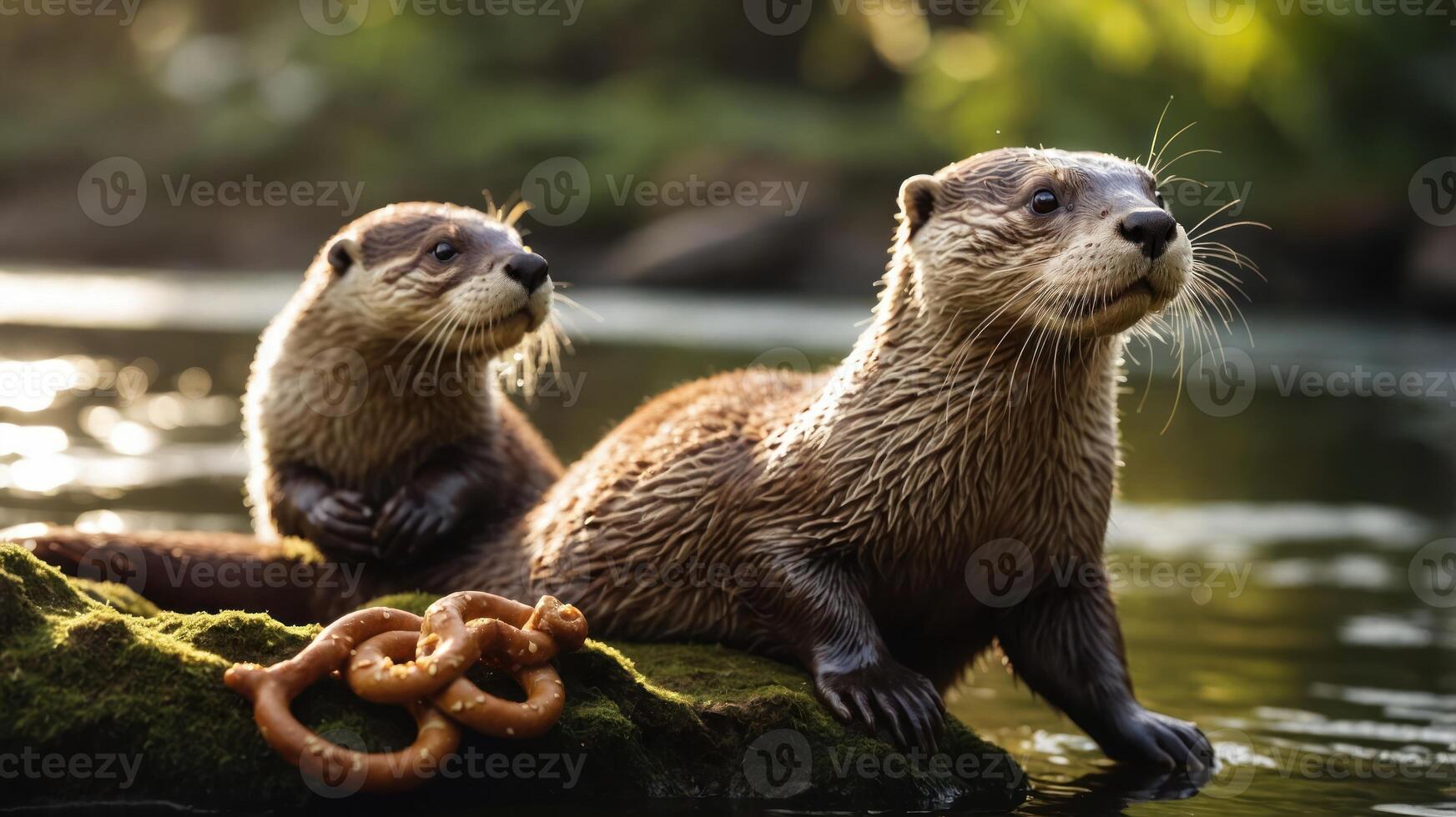 Two otters resting on a rock near water, with a snake nearby, in a serene natural setting. photo