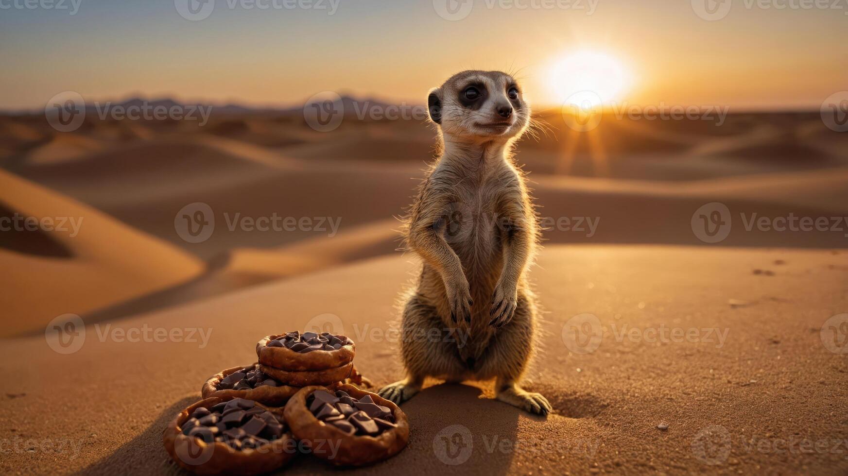 A meerkat stands in the desert beside cookies, with a sunset in the background. photo