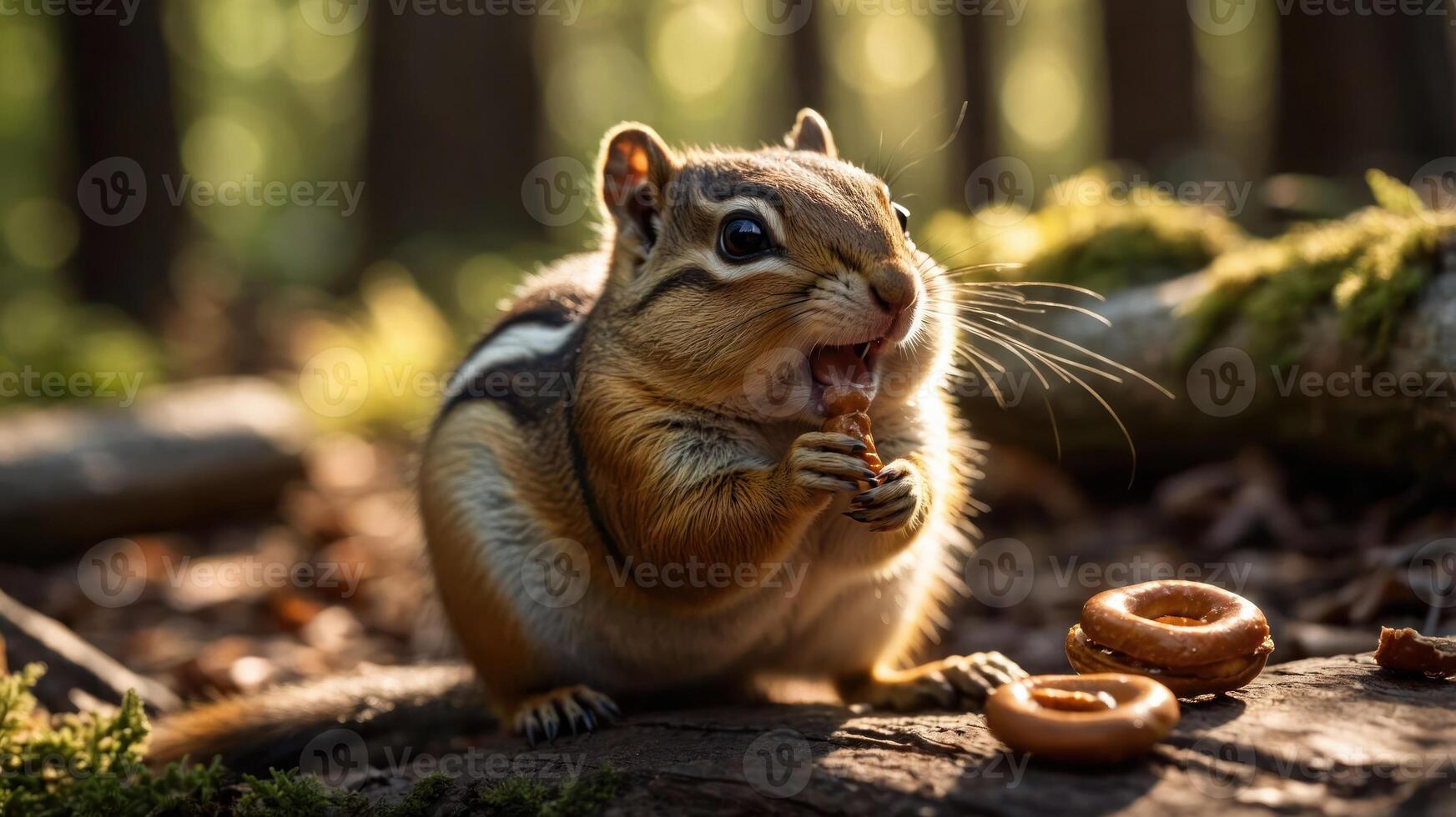 A chipmunk munching on a snack in a forest setting, surrounded by nature. photo