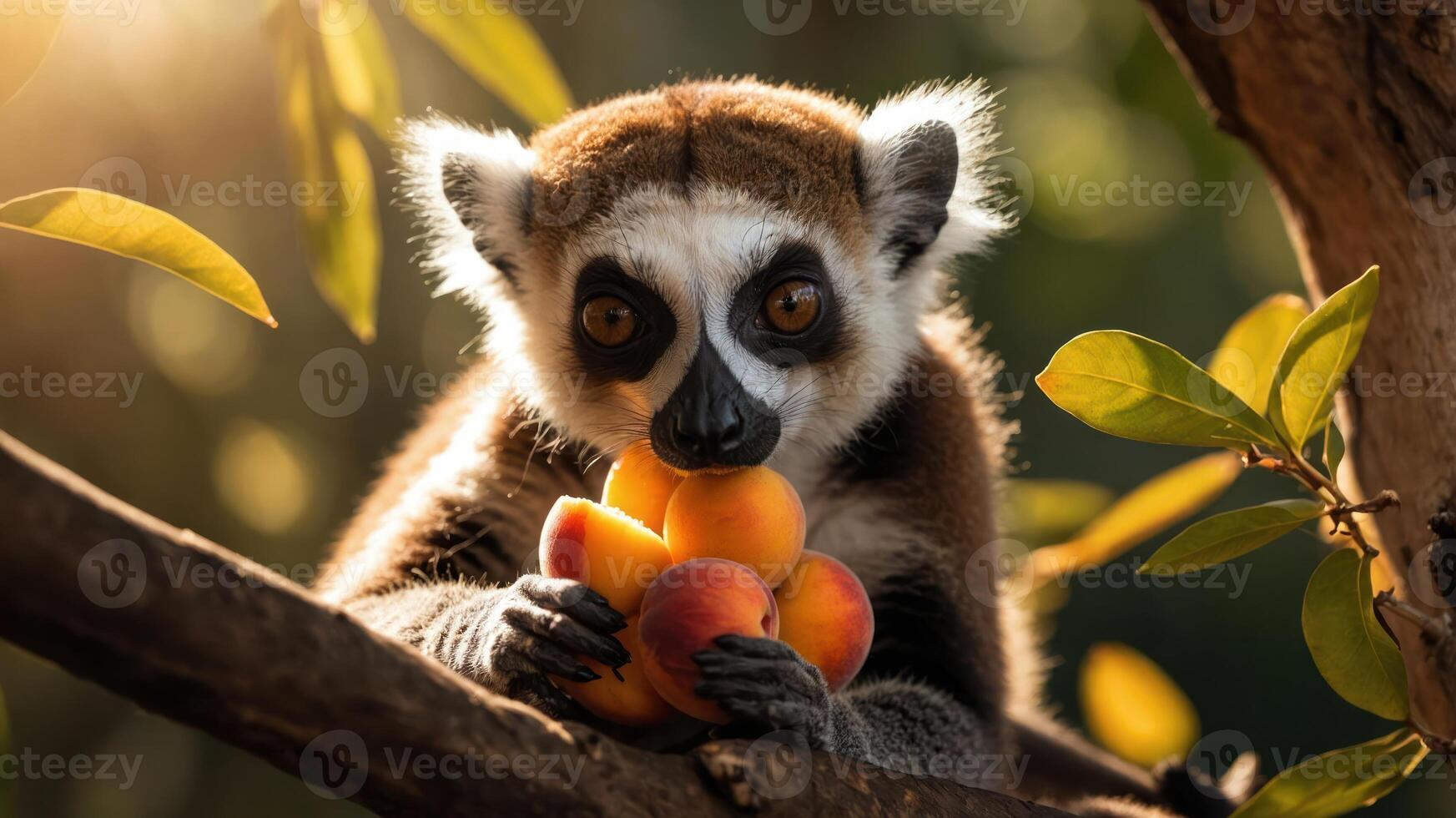 A lemur holds several peaches while perched on a tree branch in warm sunlight. photo