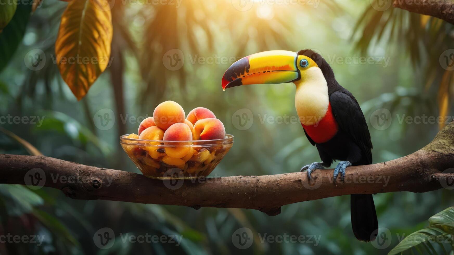 A toucan perched on a branch beside a bowl of fruit in a lush, tropical setting. photo