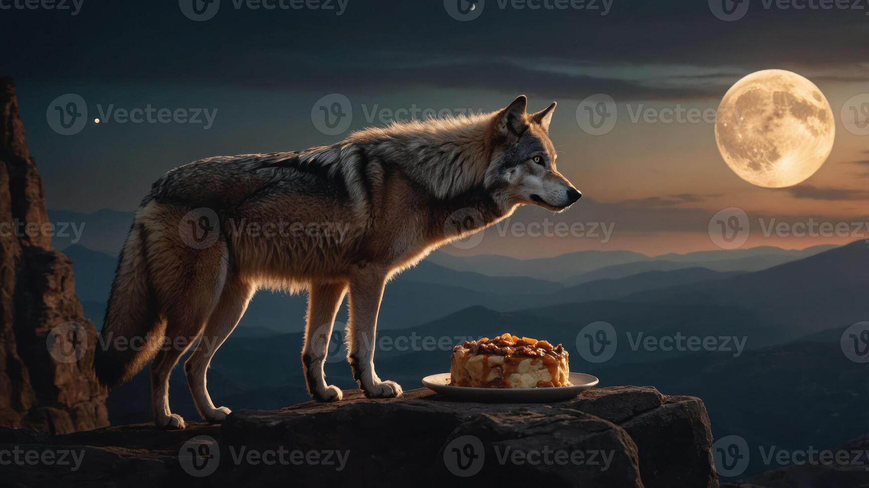 A wolf stands near a cake under a full moon in a serene mountain landscape. photo
