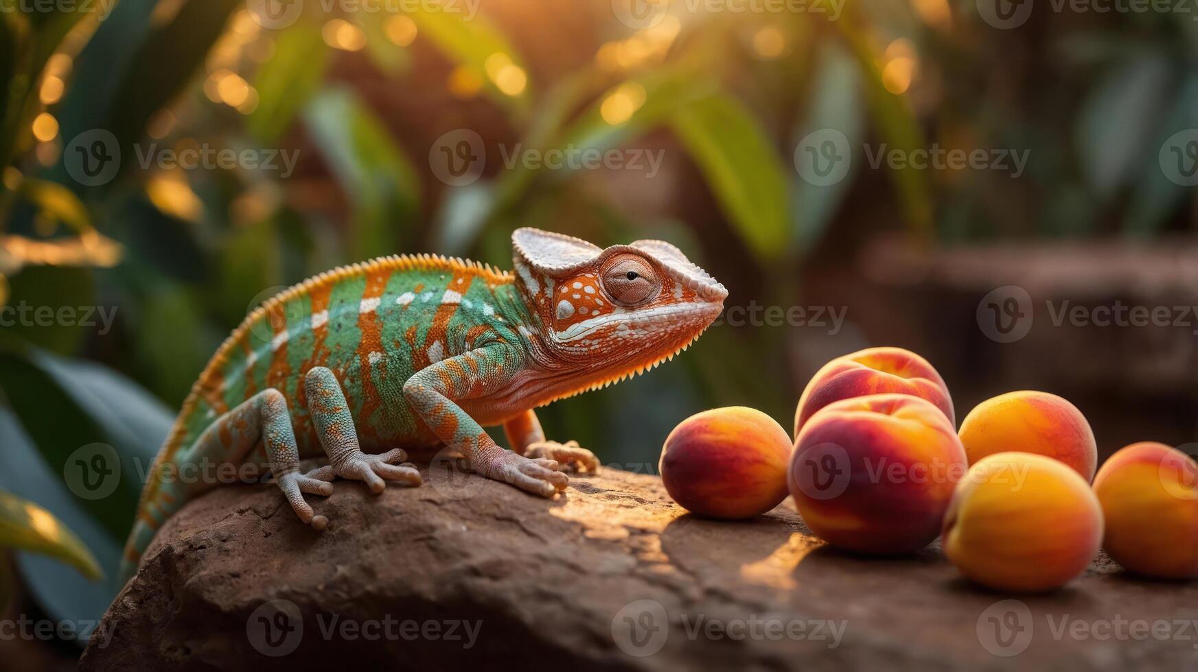 A colorful chameleon rests beside a cluster of peaches in a lush, vibrant environment. photo