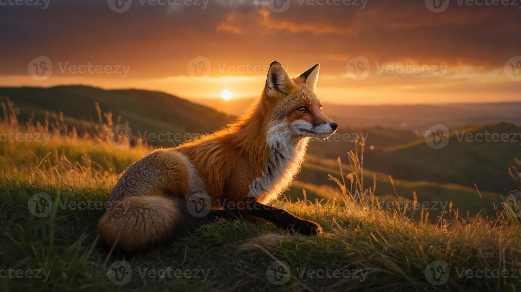 A serene fox sits on a hillside during a stunning sunset. photo