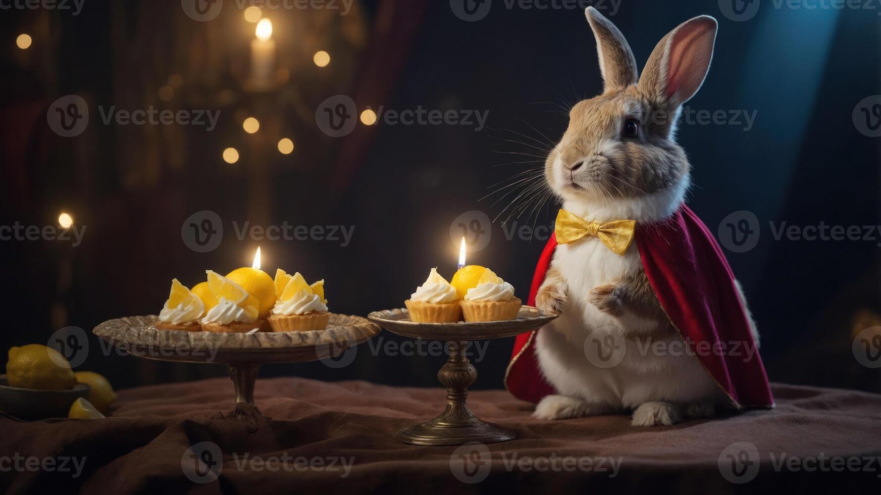 A whimsical rabbit in a cape stands beside dessert plates, creating a playful atmosphere. photo