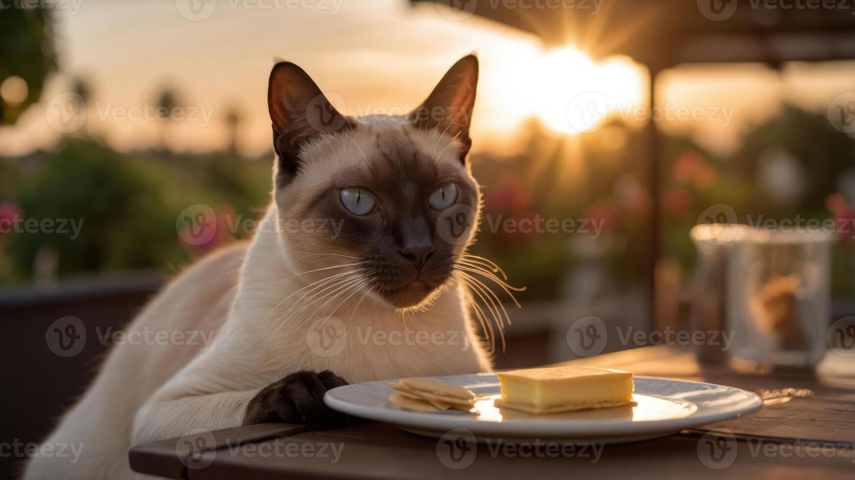 A Siamese cat curiously watches a plate of crackers and cheese during sunset. photo