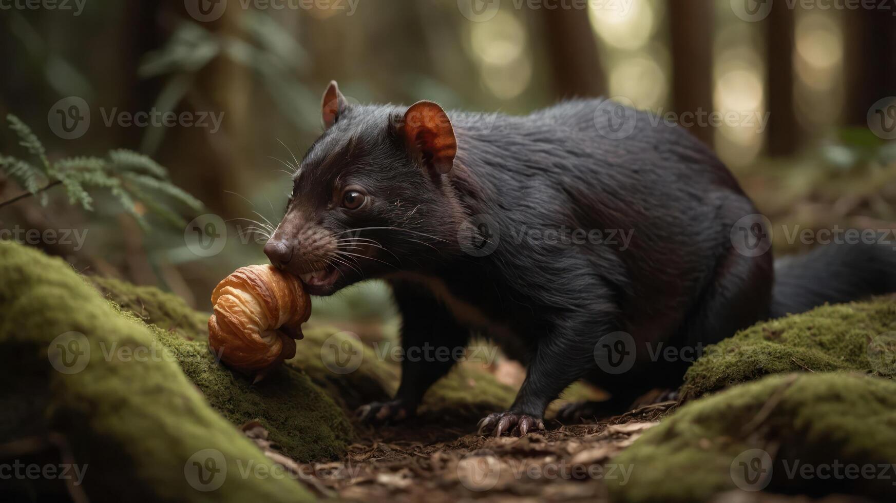 A Tasmanian devil forages for food in a lush forest environment. photo