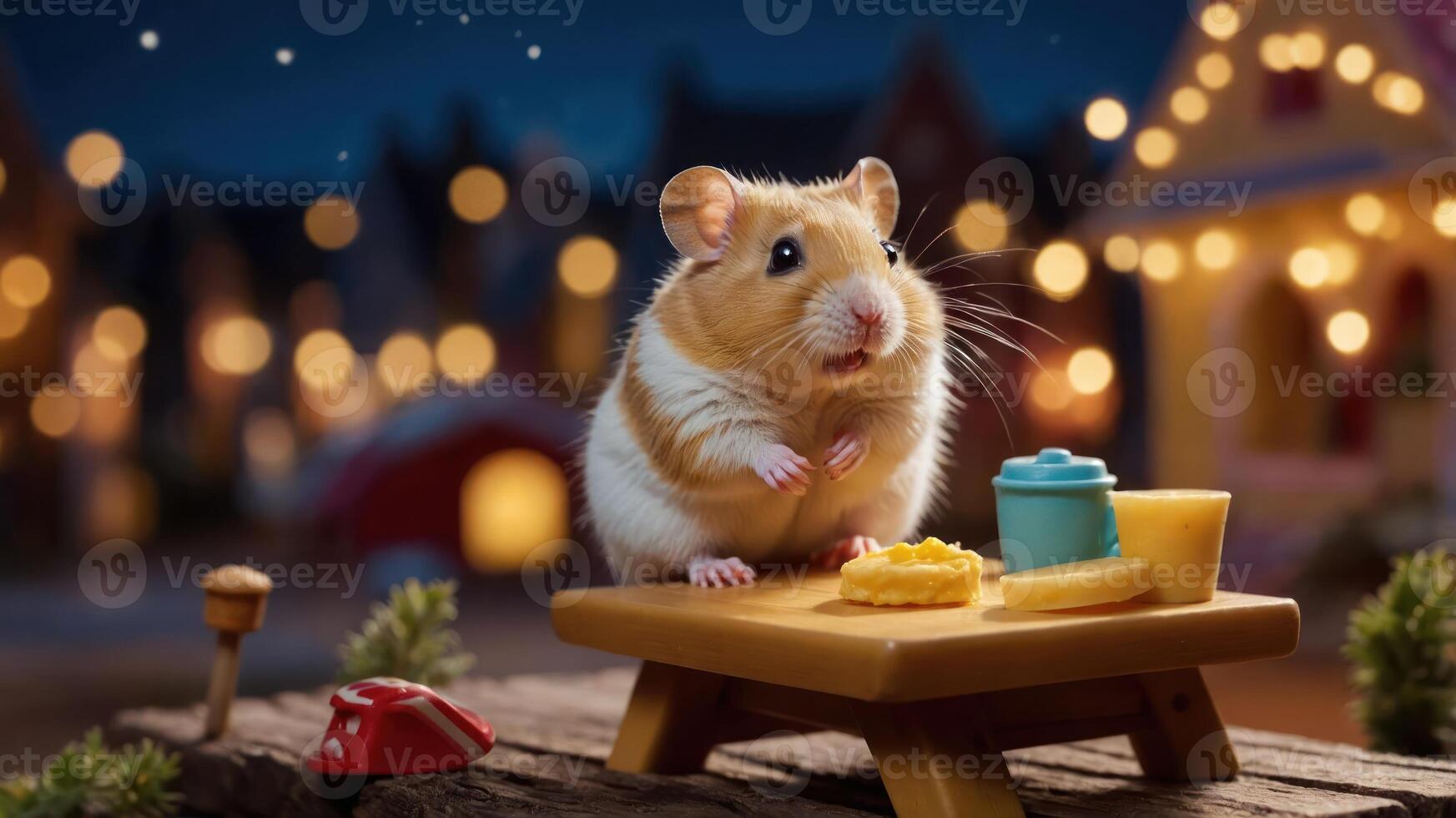 A cute hamster enjoying a meal at a miniature outdoor table with a cozy background. photo