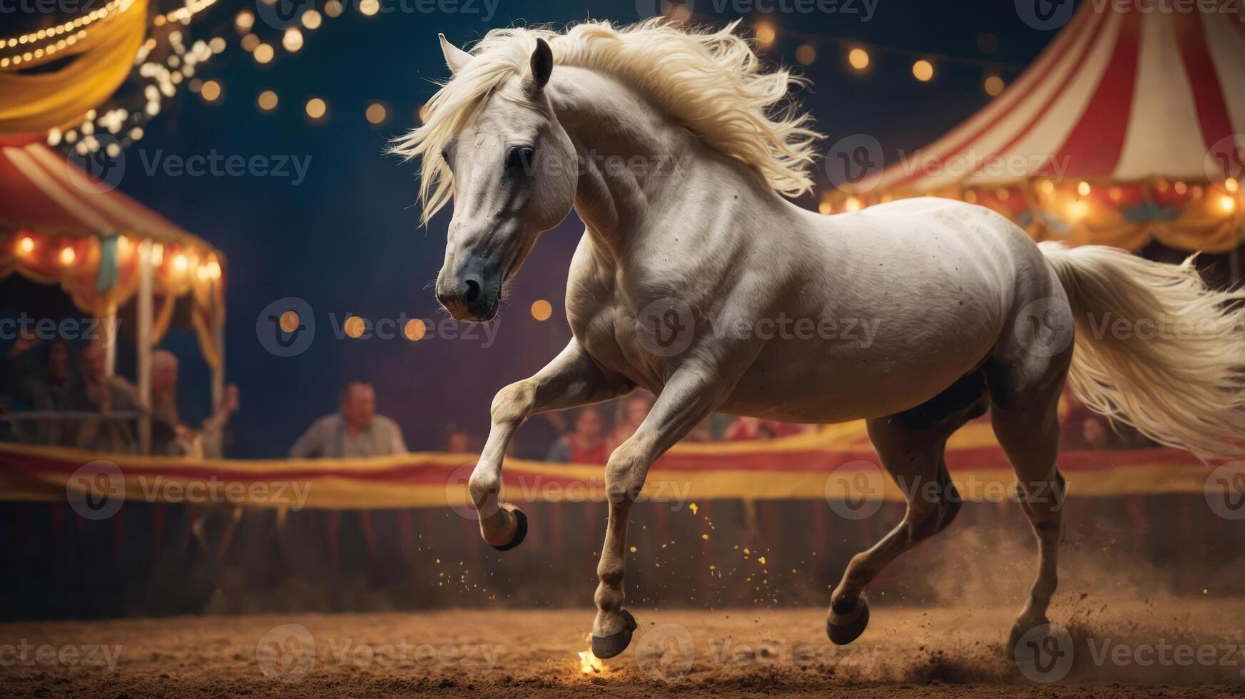 A majestic white horse gallops gracefully in a circus setting, surrounded by colorful lights. photo
