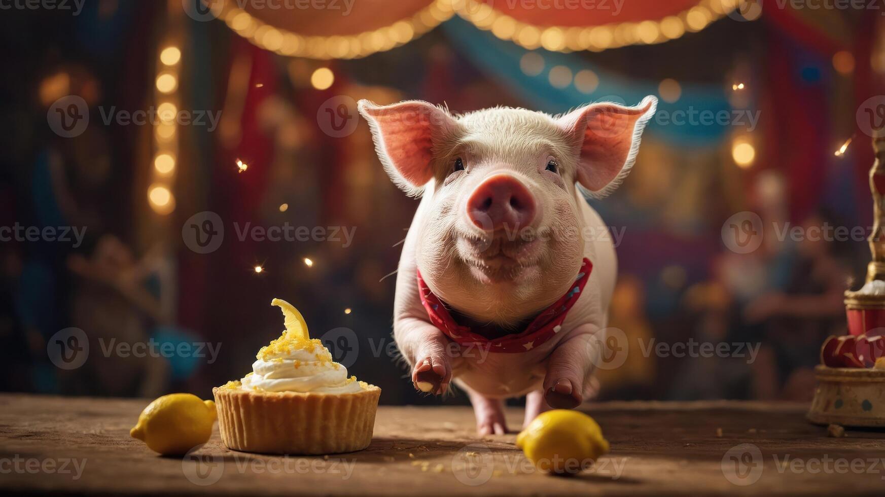 A cheerful pig stands beside a dessert, creating a whimsical, festive atmosphere. photo