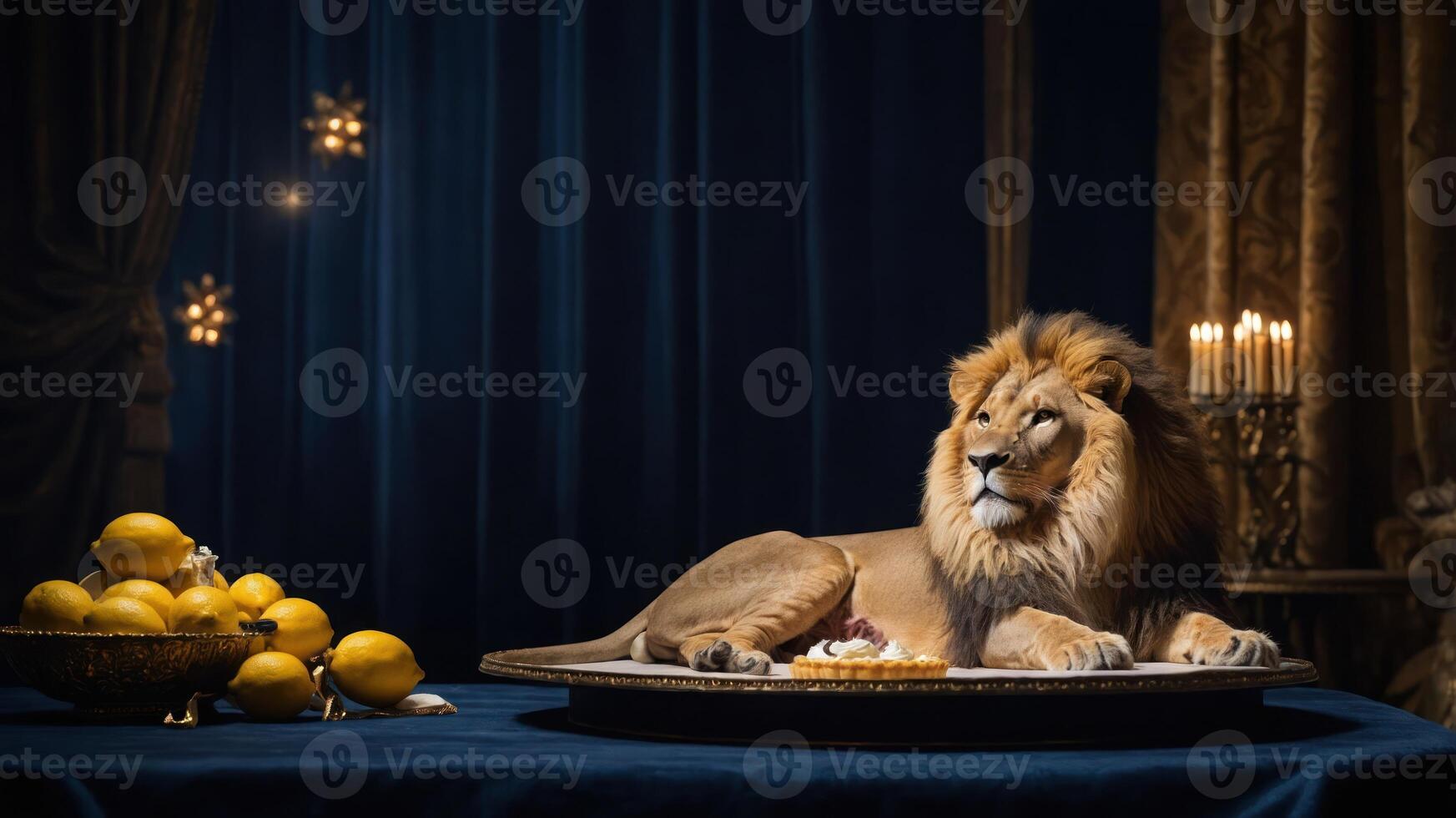 A regal lion rests on a table adorned with food and lemons in an elegant setting. photo