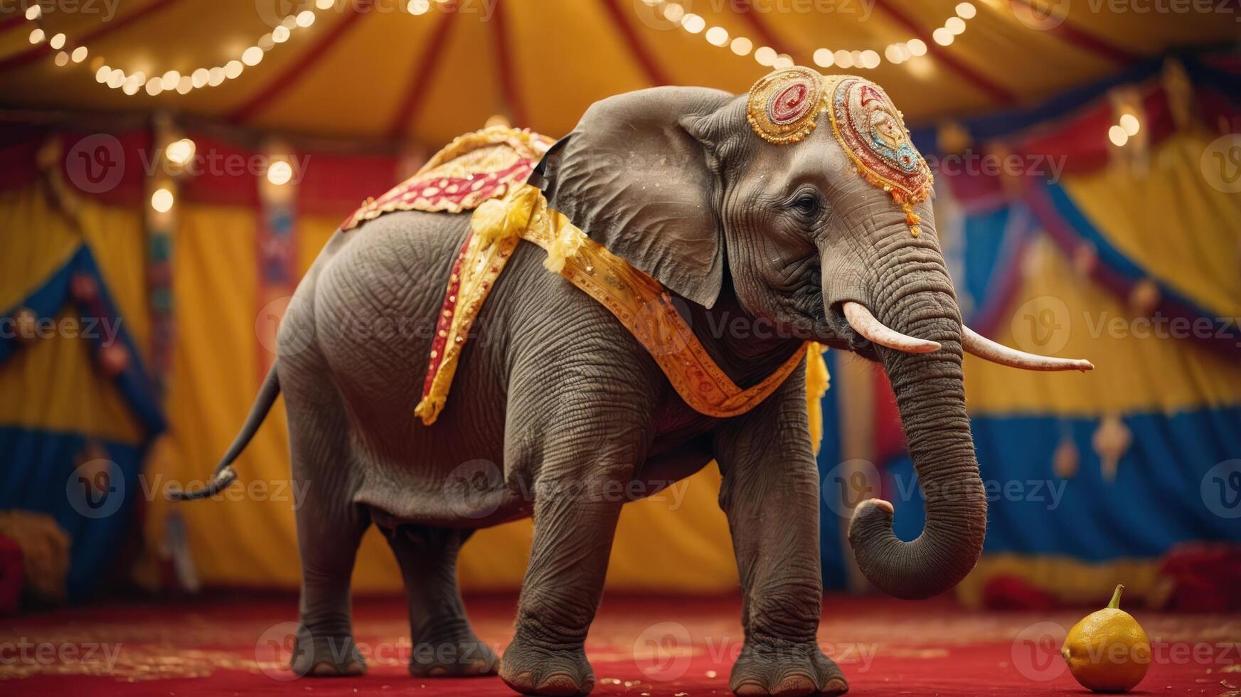 An elephant adorned with decorations stands in a colorful circus setting. photo