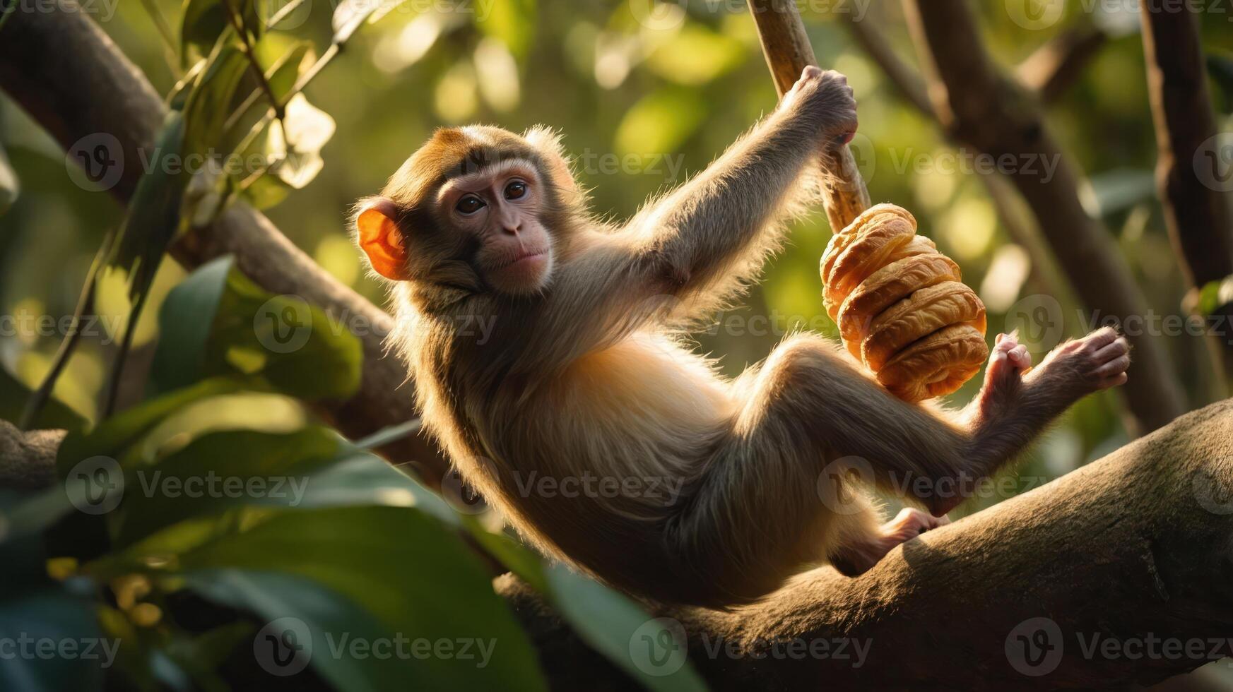 A monkey hanging from a branch, playfully holding a stack of donuts. photo