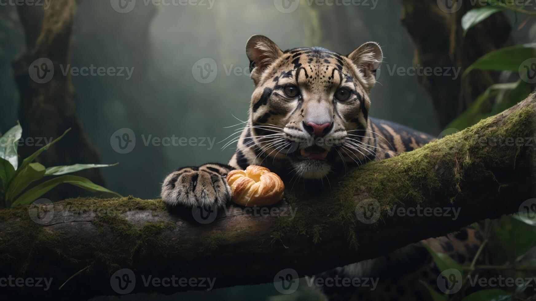 A close-up of a jaguar resting on a branch in a lush jungle setting. photo