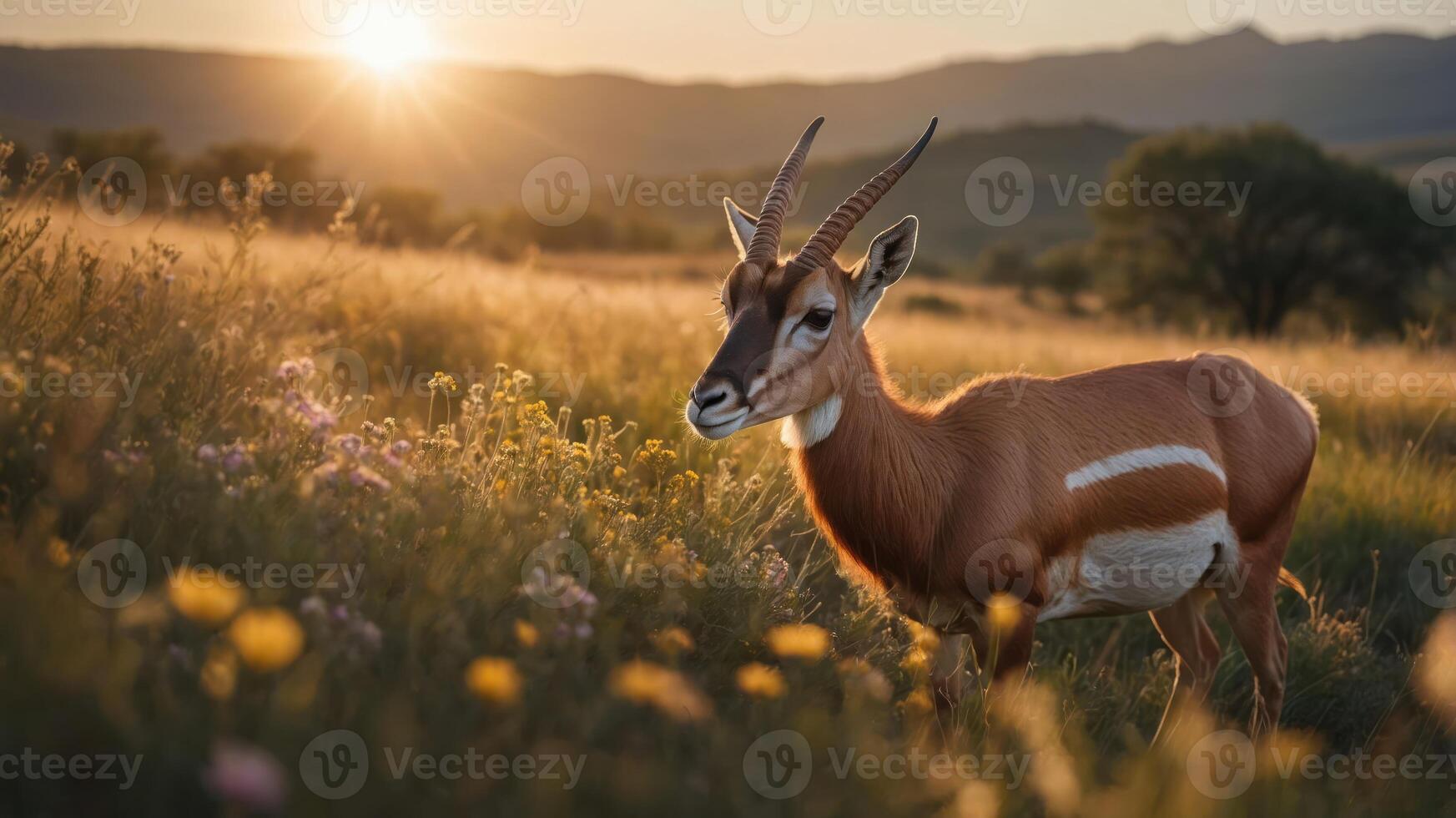 A serene landscape featuring an antelope in a field of wildflowers at sunset. photo