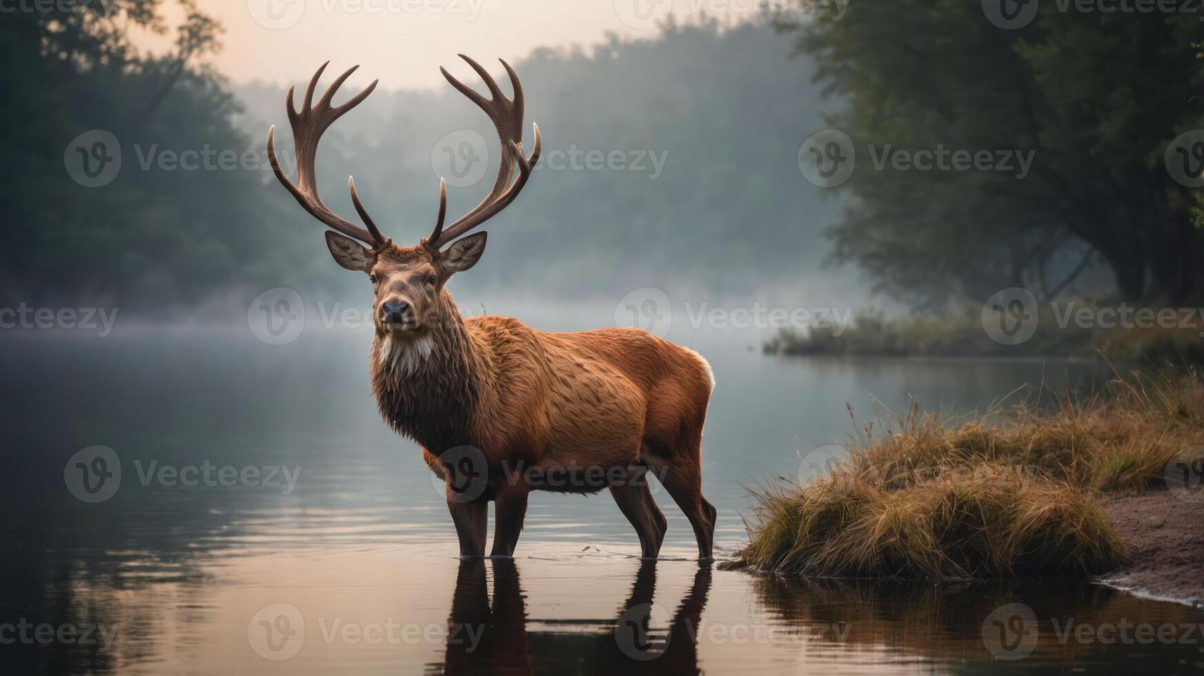 A majestic stag wades through a misty river at dawn, surrounded by serene nature. photo
