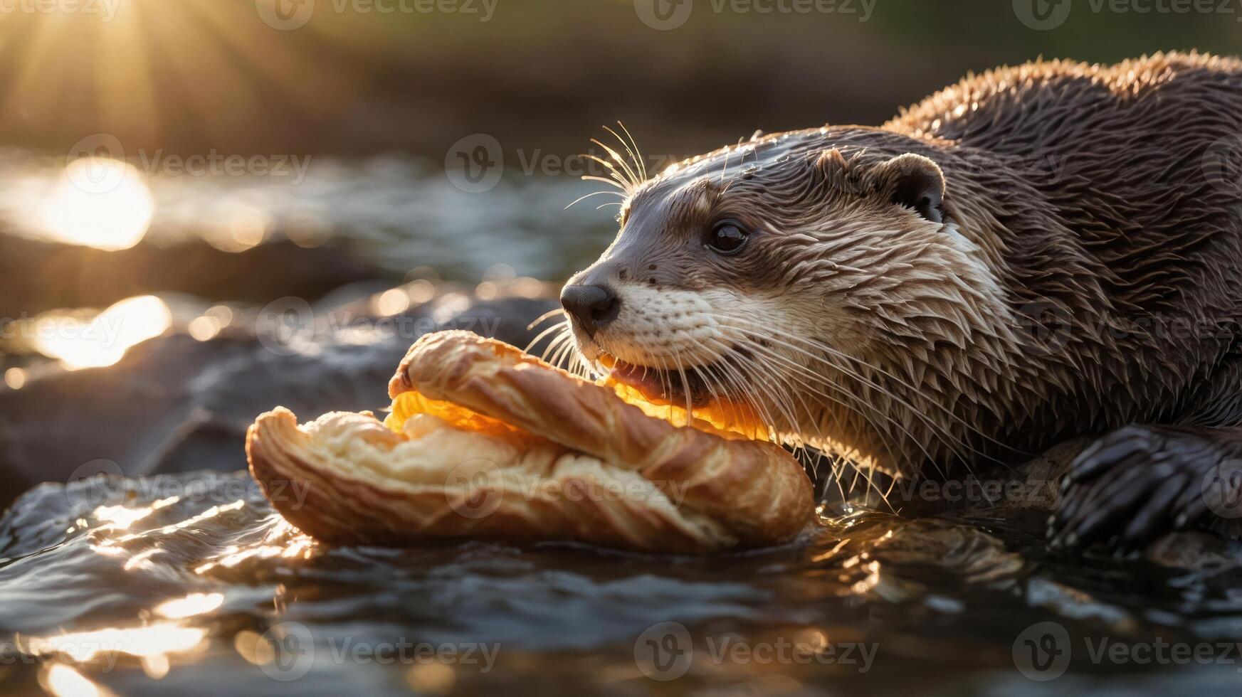 An otter enjoying a croissant near water, illuminated by soft sunlight. photo