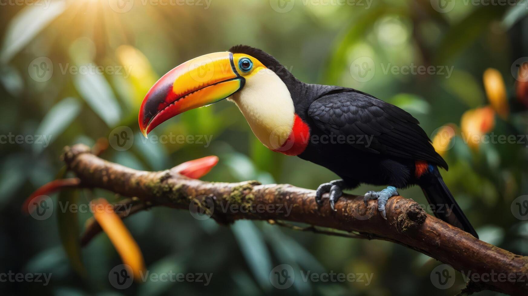 A vibrant toucan perched on a branch amidst lush greenery. photo