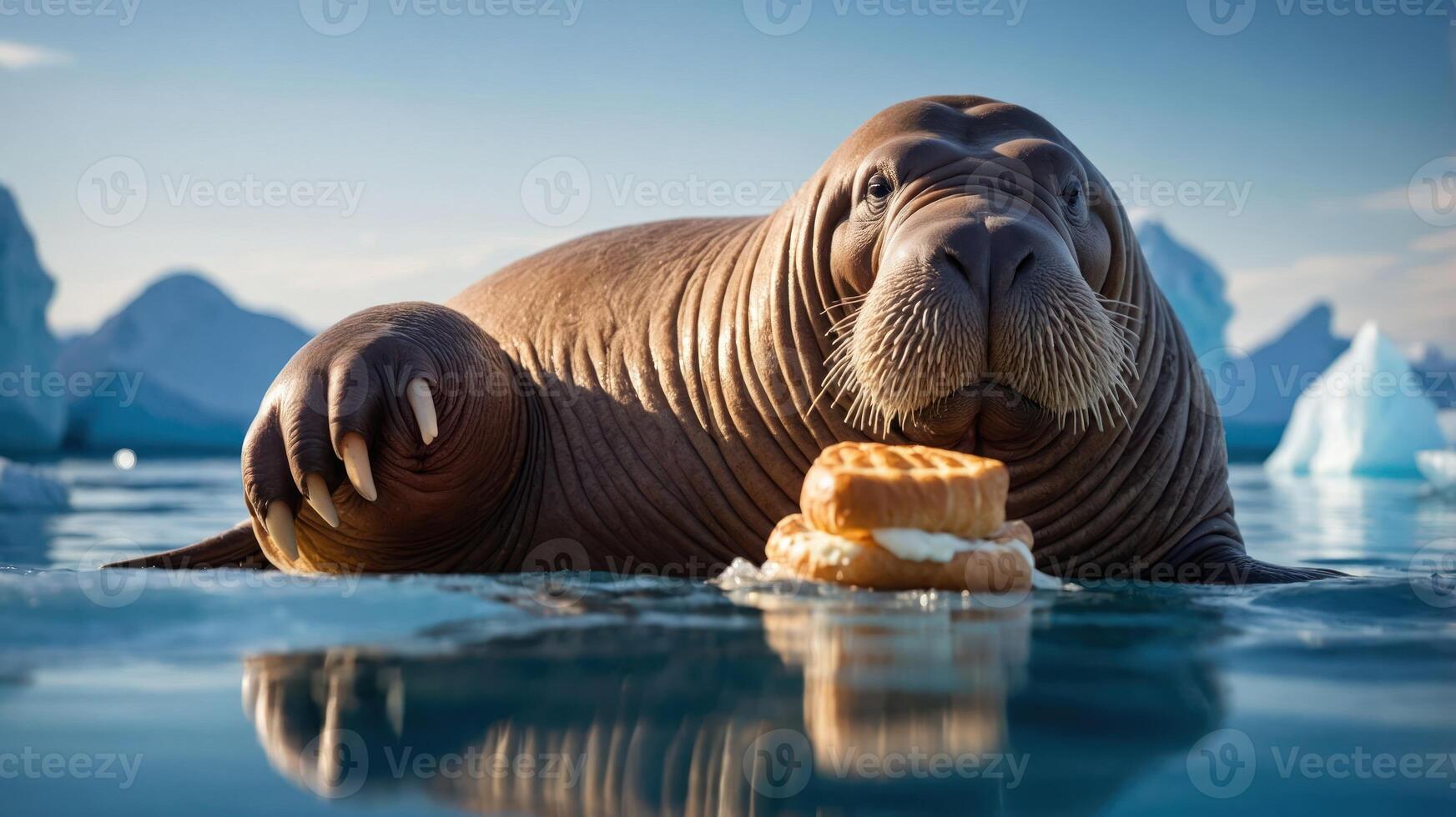 A walrus resting on ice with a dessert, showcasing a playful interaction with food. photo