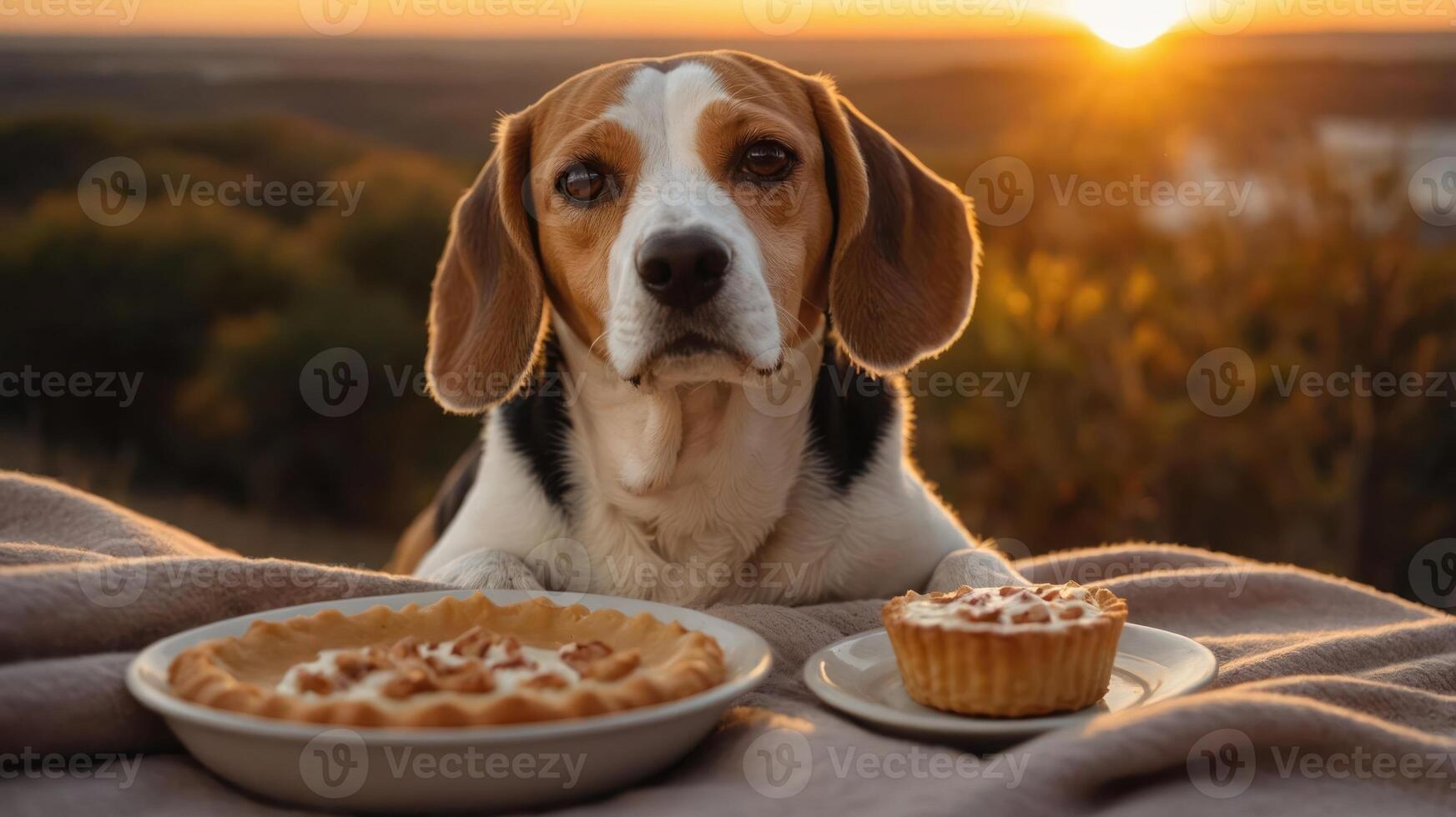 A beagle sits at sunset, gazing at a pie and a cupcake on a blanket. photo