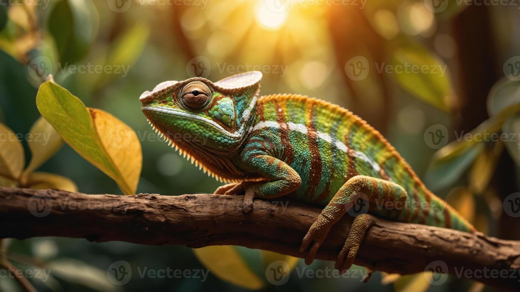 A vibrant chameleon resting on a branch in a lush, sunlit forest. photo