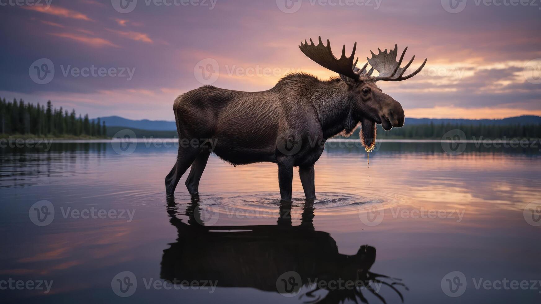 A moose standing in a serene lake at sunset, showcasing nature's beauty. photo