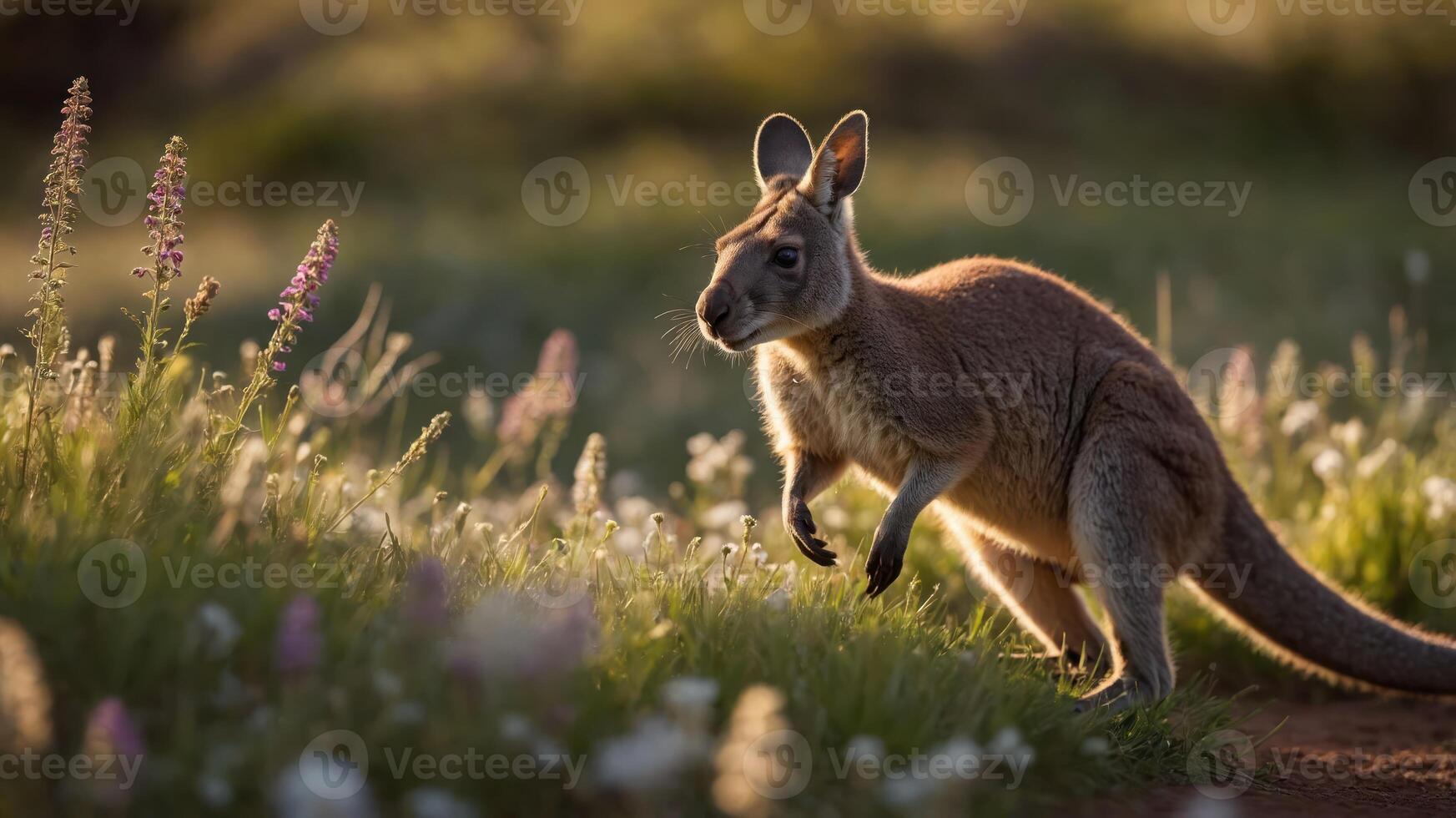 A kangaroo hops through a field of flowers during golden hour, showcasing natural beauty. photo