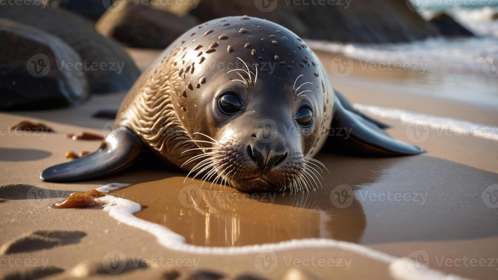 A seal resting on a sandy beach with gentle waves lapping at its body. photo