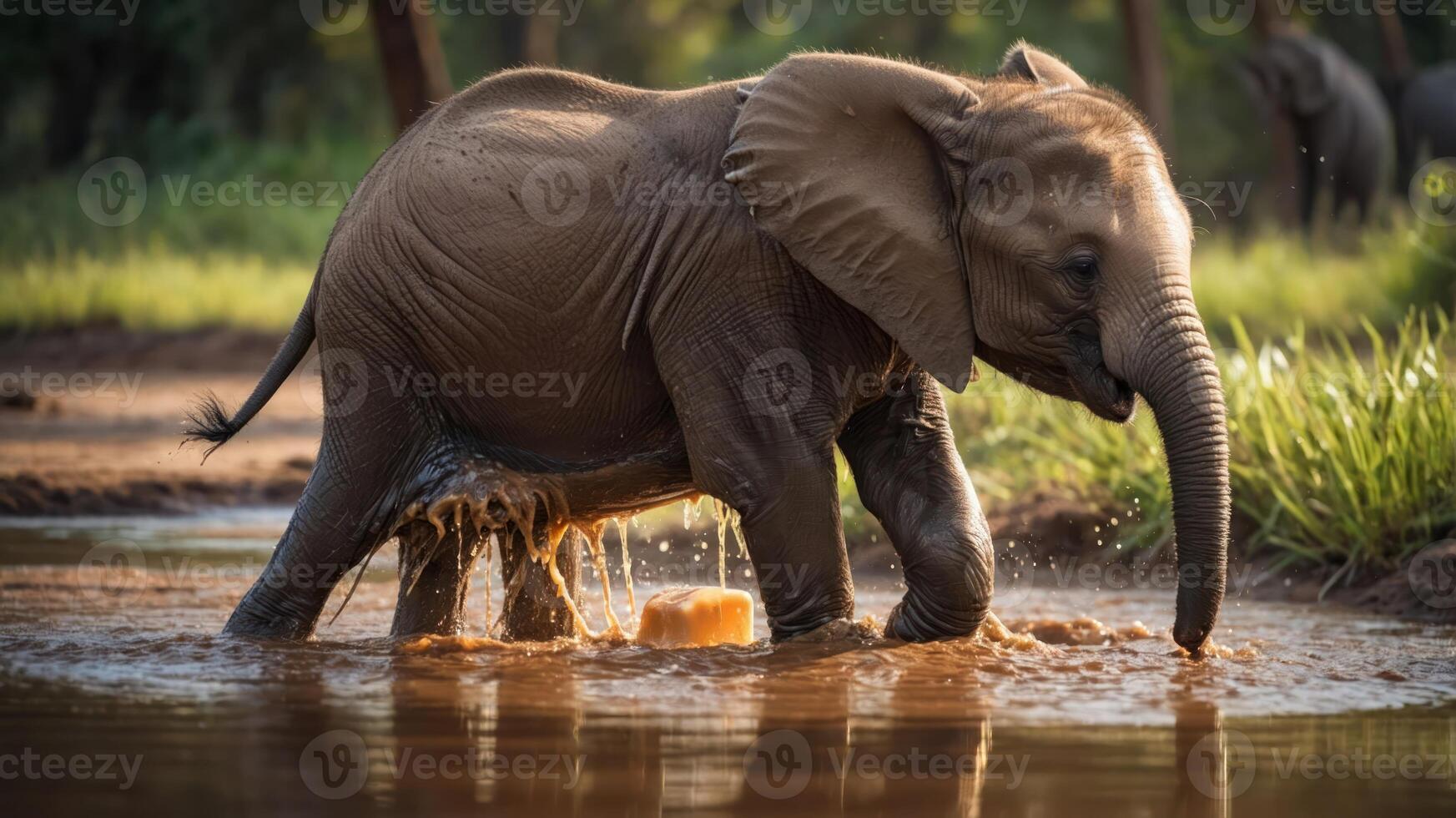 A playful baby elephant splashes in muddy water, enjoying its surroundings. photo