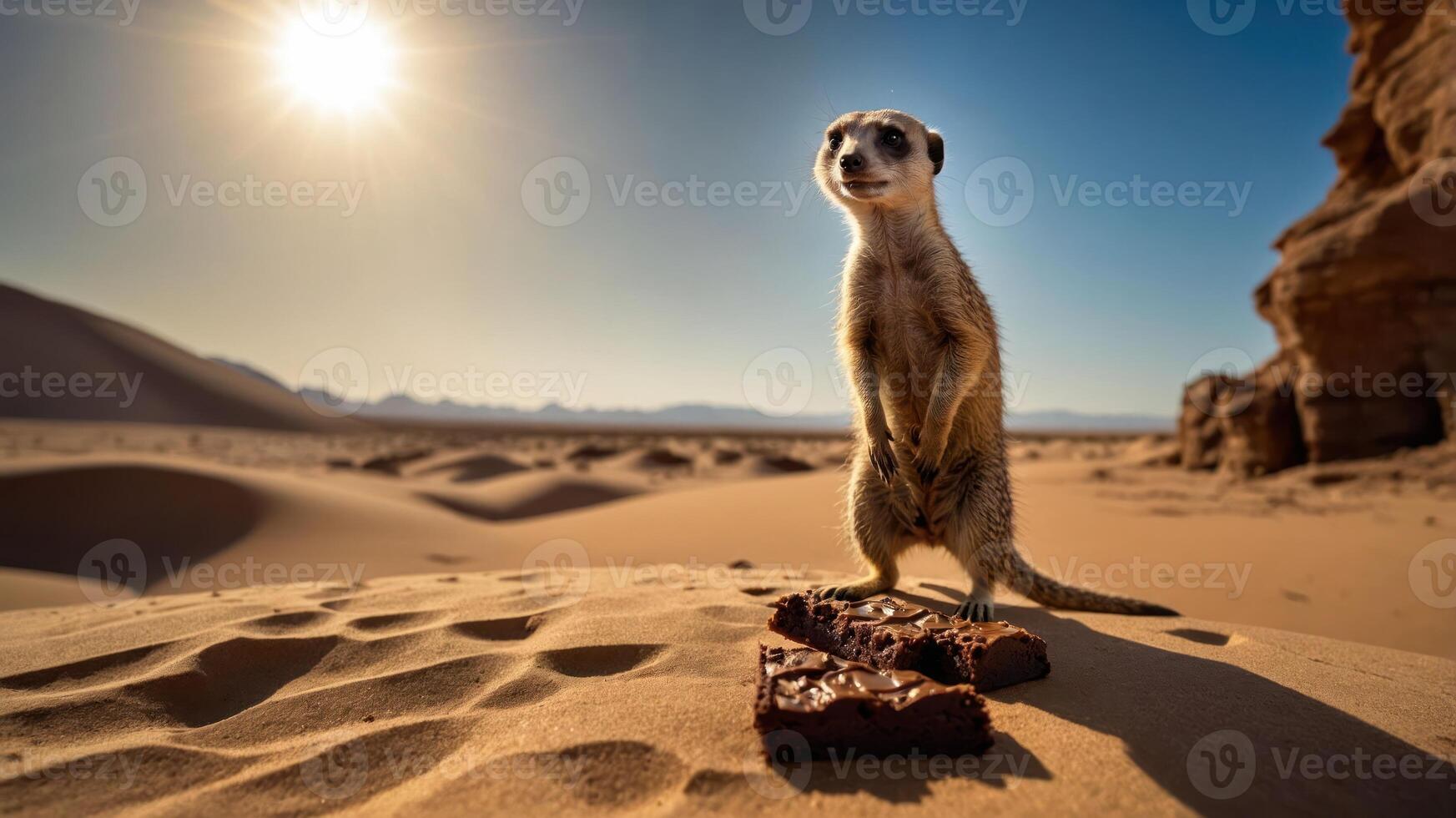 A meerkat stands in a desert landscape with brownies in the foreground under a bright sun. photo
