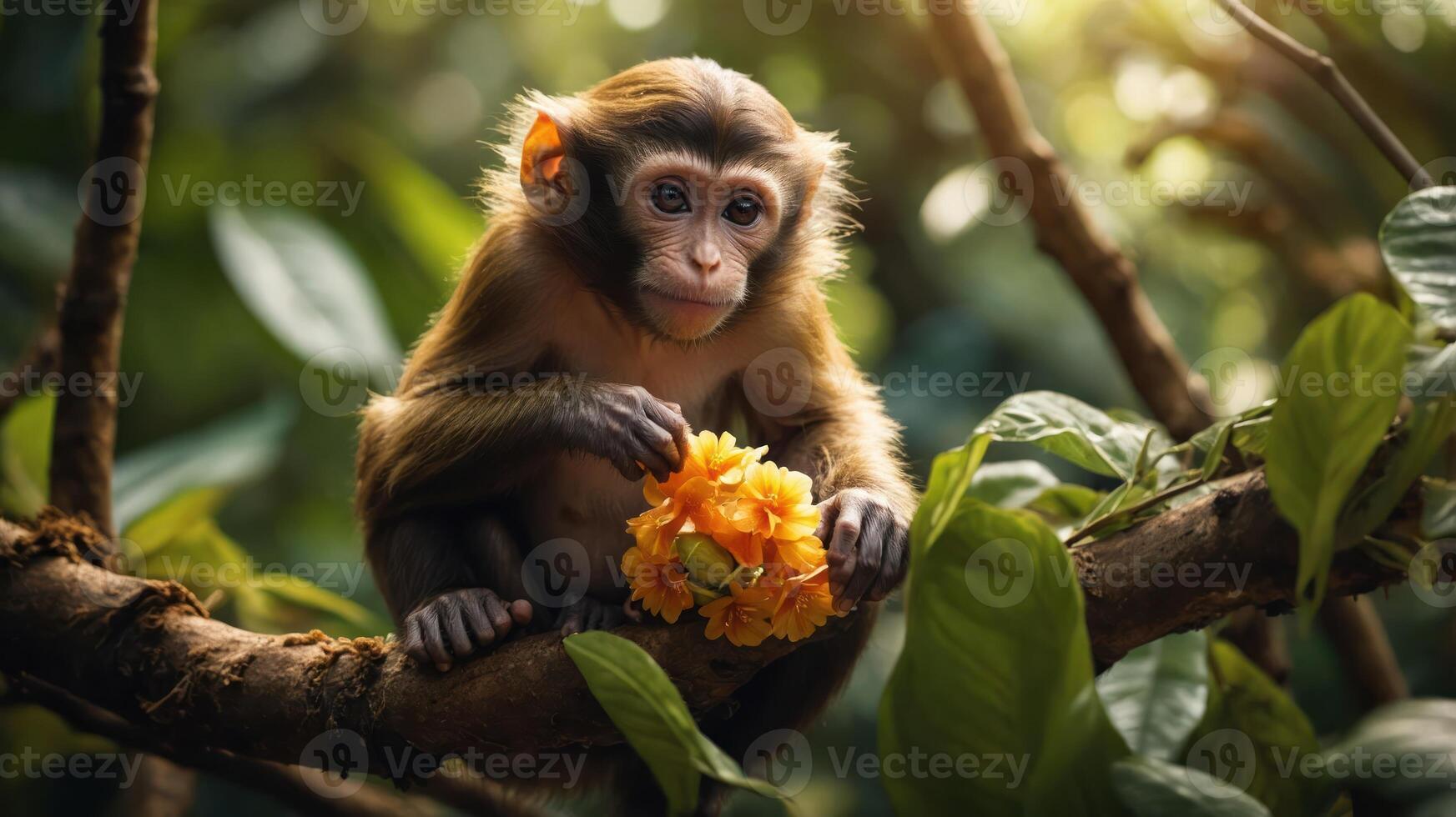 A young monkey sitting on a branch, holding a cluster of yellow flowers in a lush environment. photo