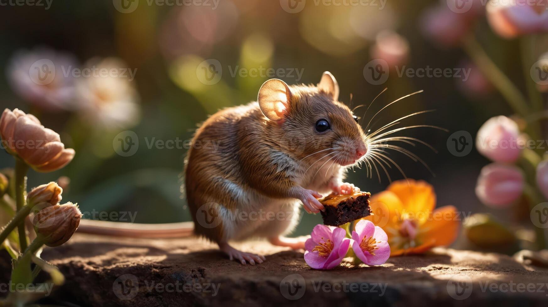 A cute mouse holding a piece of food amidst colorful flowers in a serene setting. photo