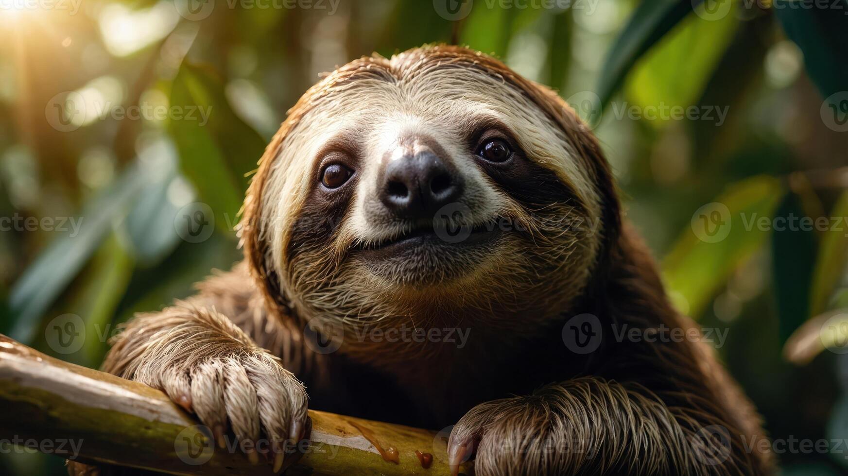 A cheerful sloth perched on a branch, surrounded by lush greenery. photo