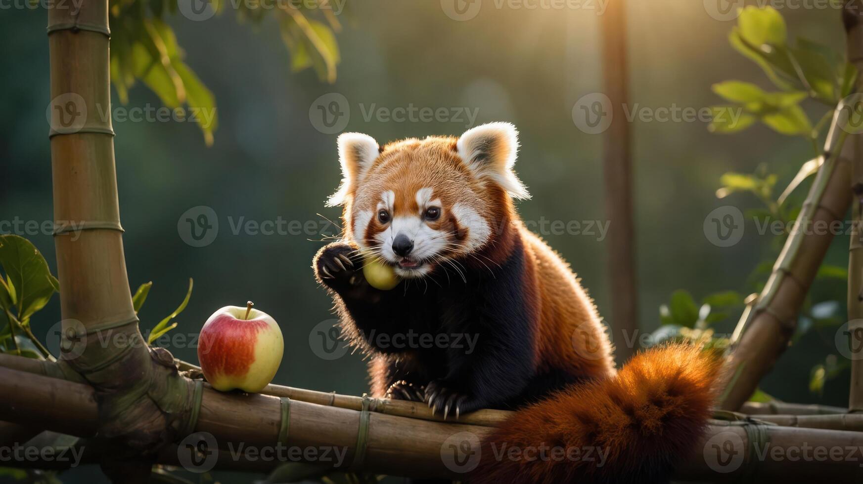 A red panda eating a fruit while perched on a branch in a lush environment. photo