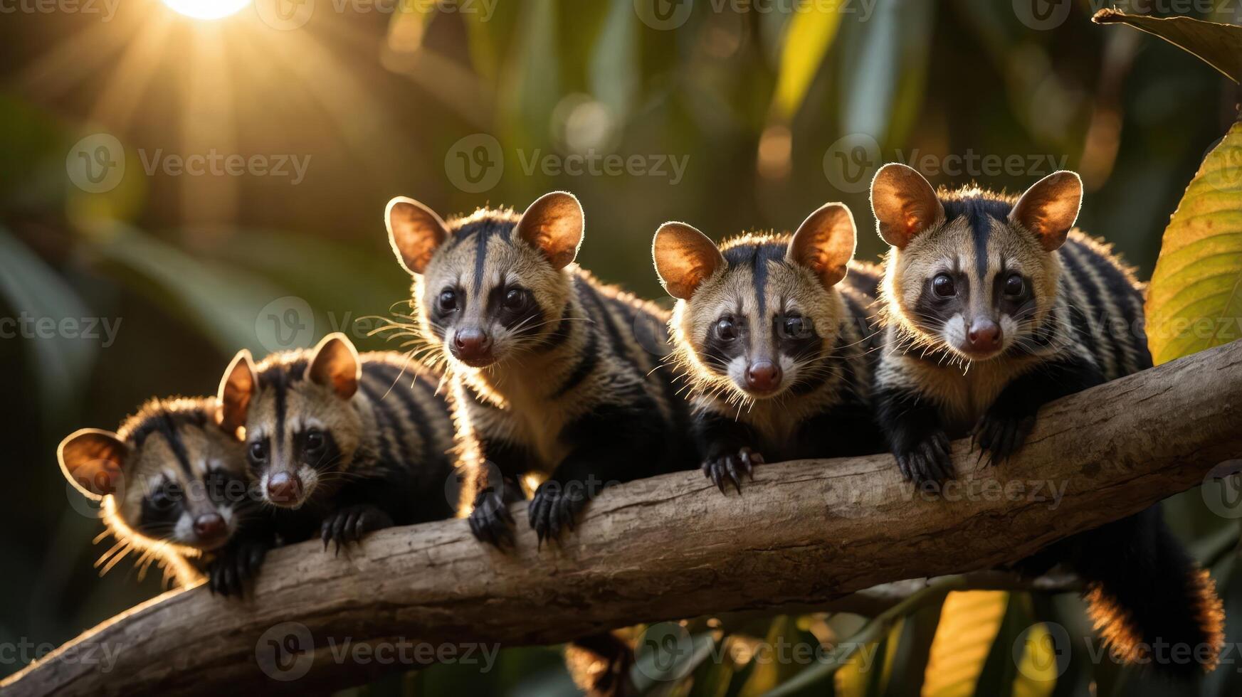 A group of five striped animals perched on a branch in a natural setting. photo