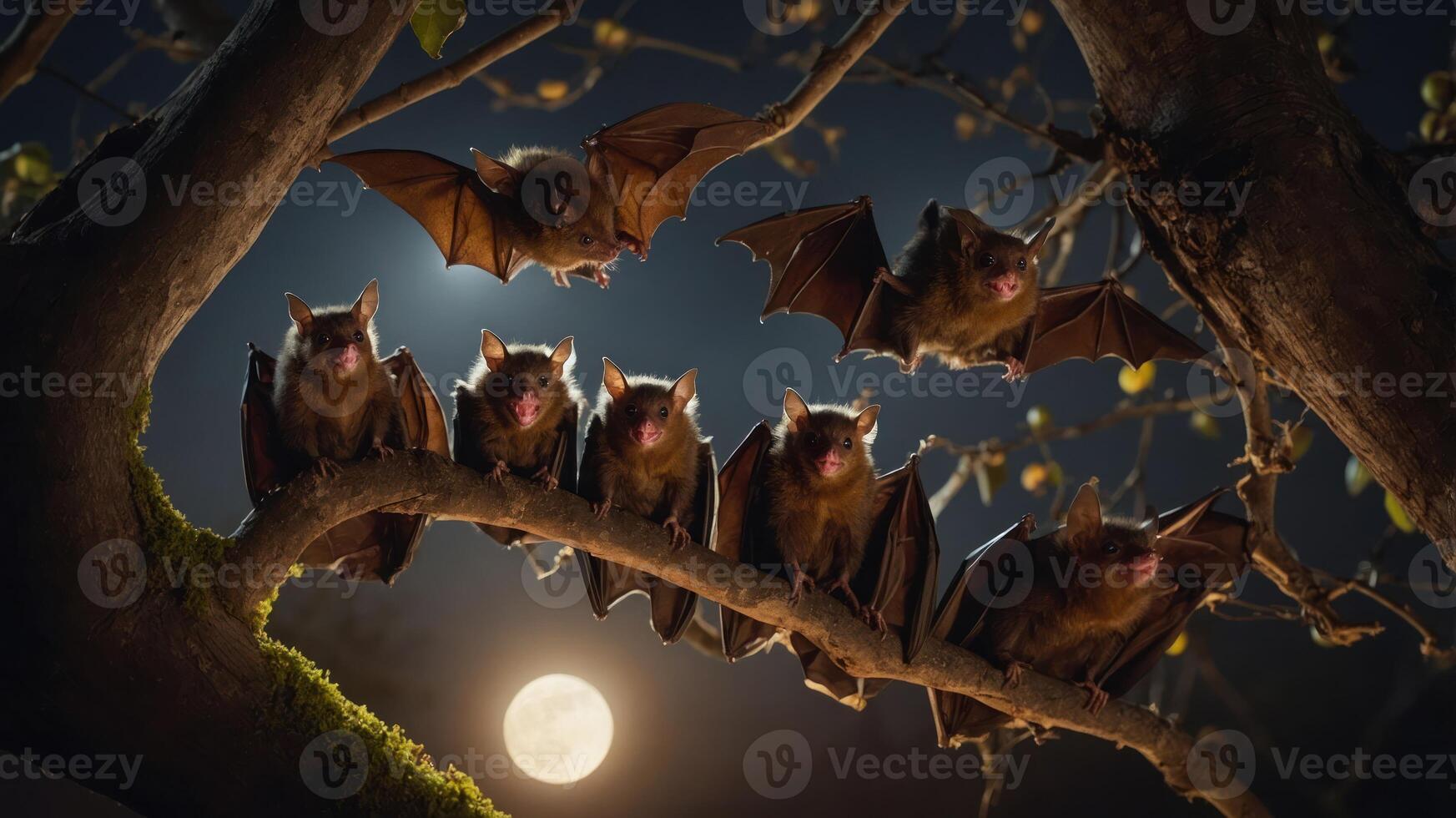 A group of bats hanging from a branch under a full moon in a nighttime setting. photo