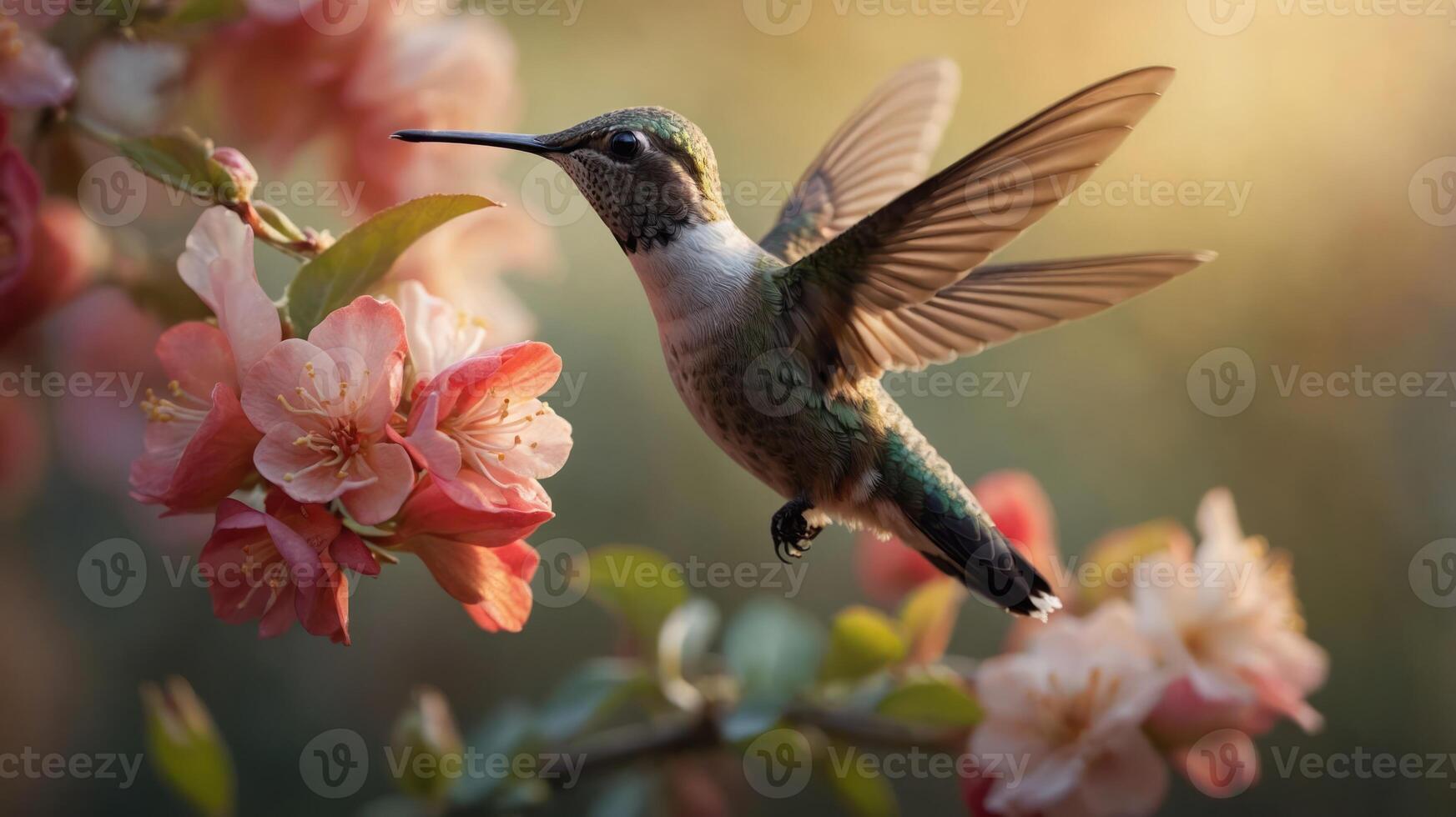 A hummingbird hovering near pink flowers in a serene natural setting. photo