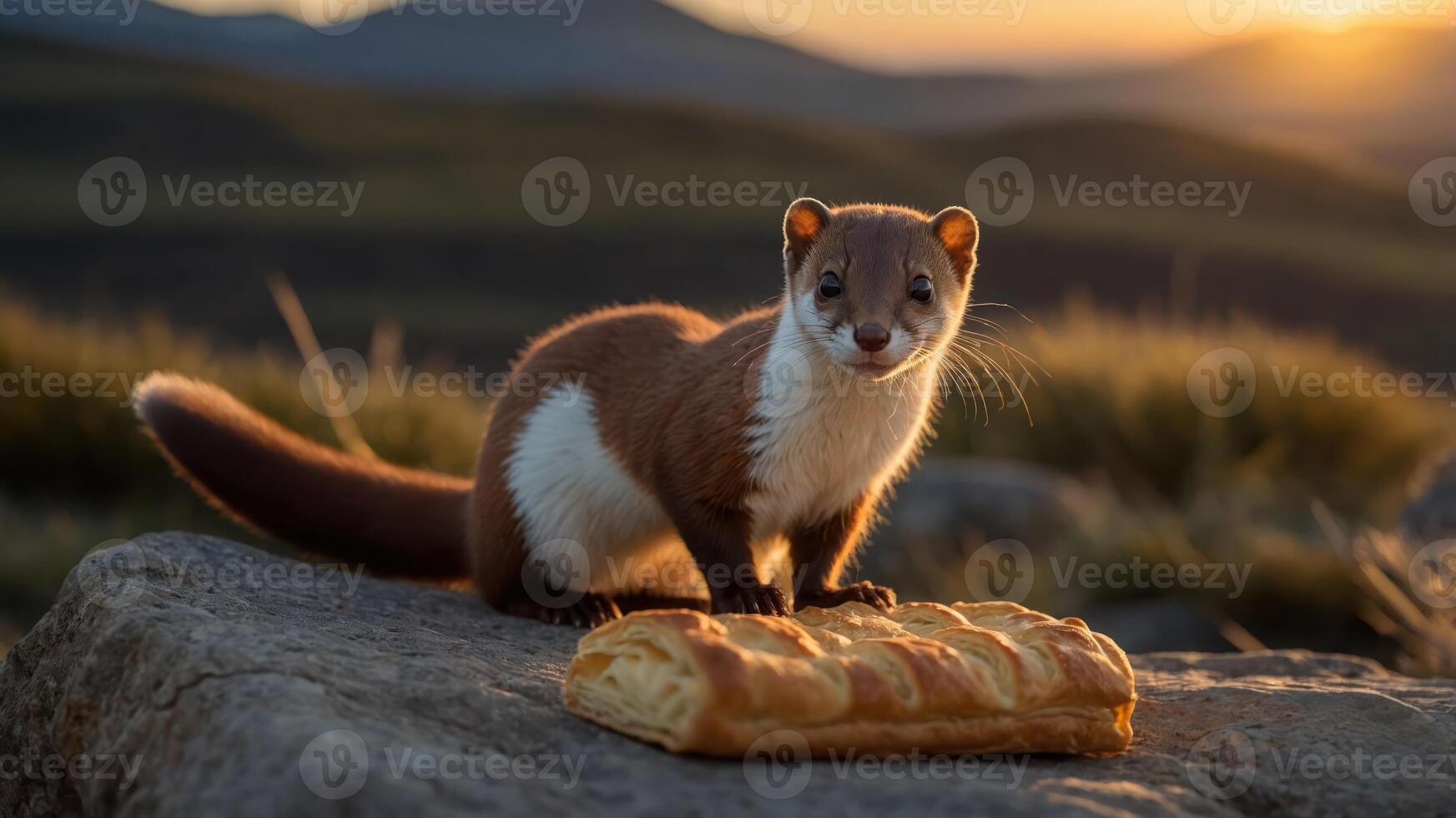 A small animal stands on a rock beside a pastry, with a scenic sunset backdrop. photo