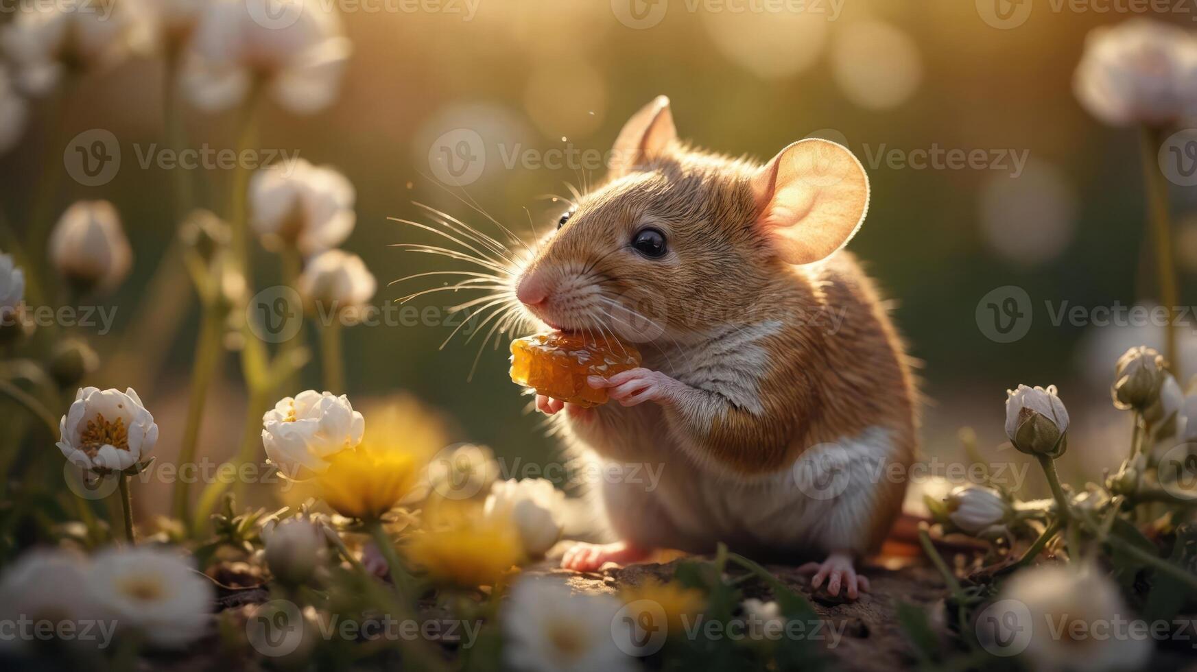 A cute mouse nibbling on food among blooming flowers in a soft, warm light. photo