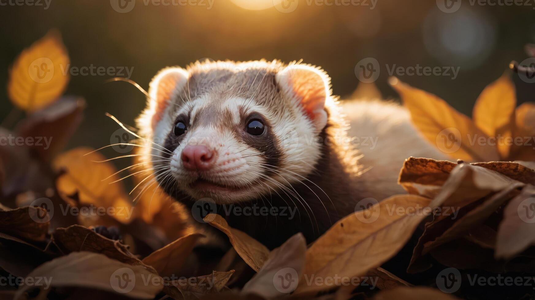 A playful ferret nestled among autumn leaves, illuminated by warm sunlight. photo