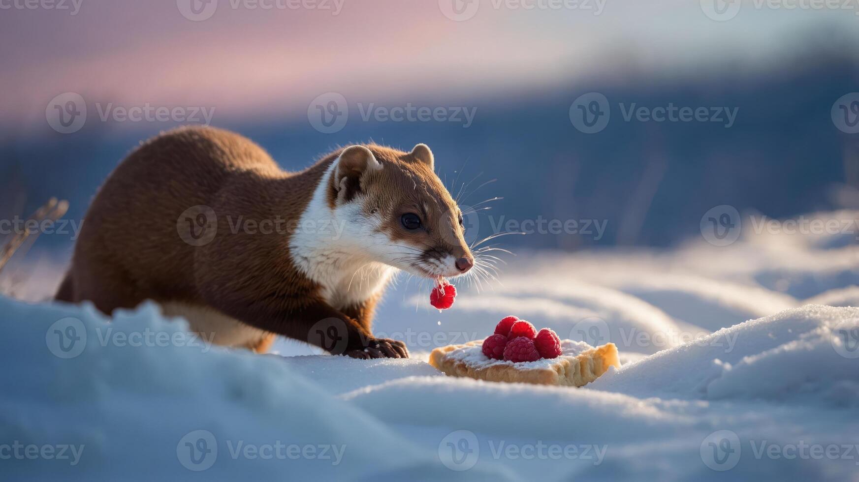 A small animal enjoying raspberries on a slice of bread in a snowy landscape. photo