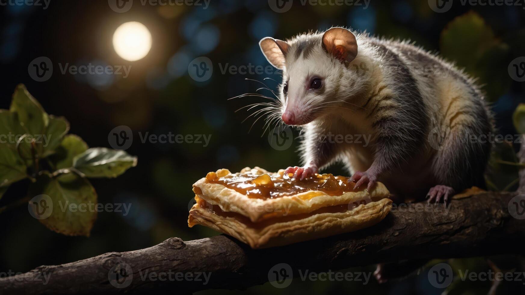 A cute opossum enjoys a pastry topped with fruit preserves on a branch at night. photo