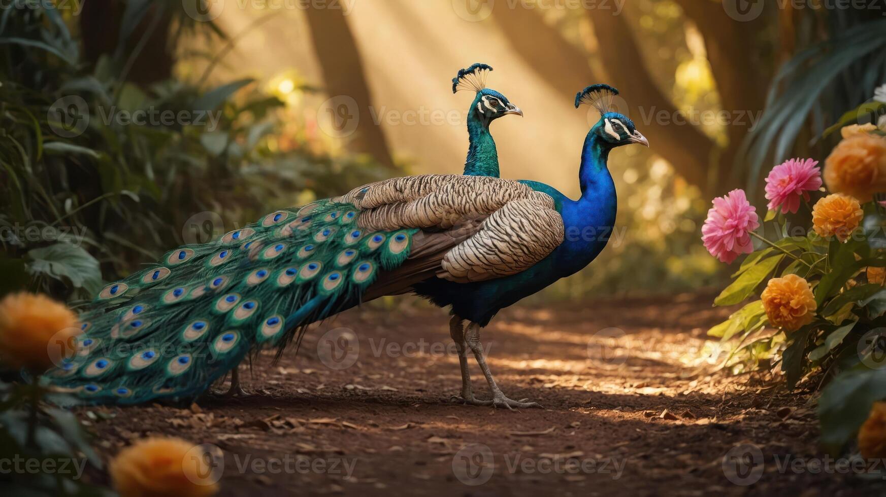 Two peacocks walking along a forest path, surrounded by colorful flowers and soft sunlight. photo