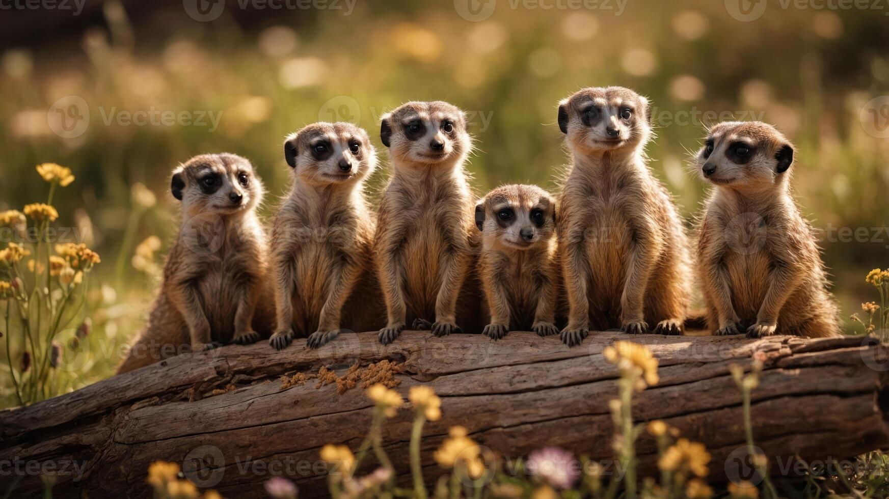 A group of six meerkats sitting together on a log in a flower-filled meadow. photo