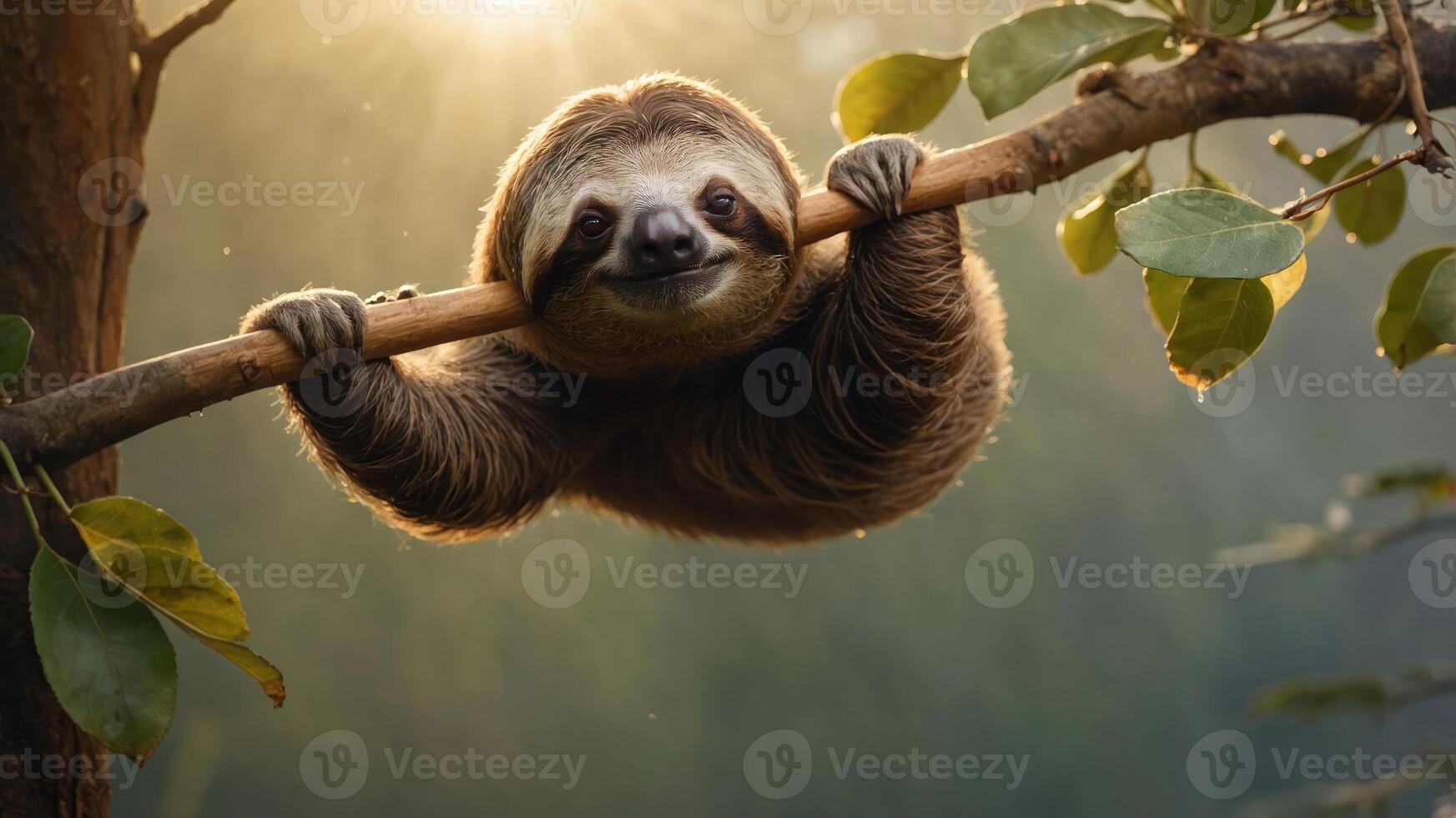 A sloth hanging from a branch in a serene forest setting, illuminated by soft sunlight. photo