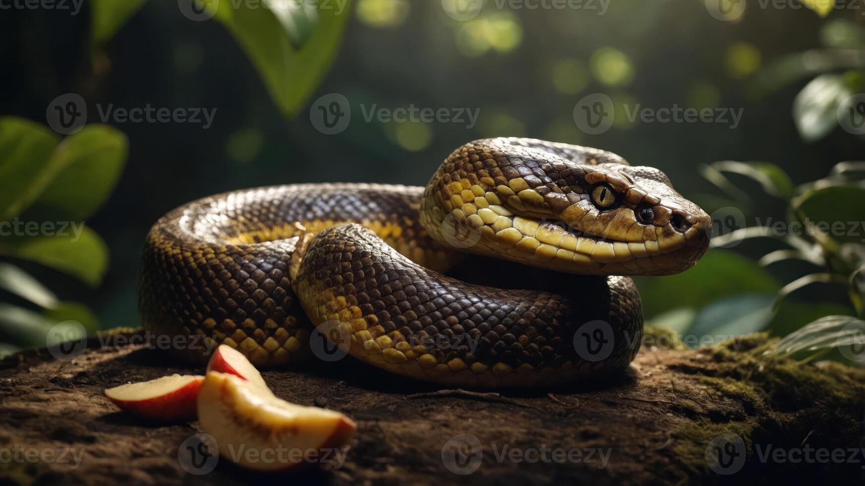 A coiled snake resting on a log with apple slices nearby in a lush green environment. photo